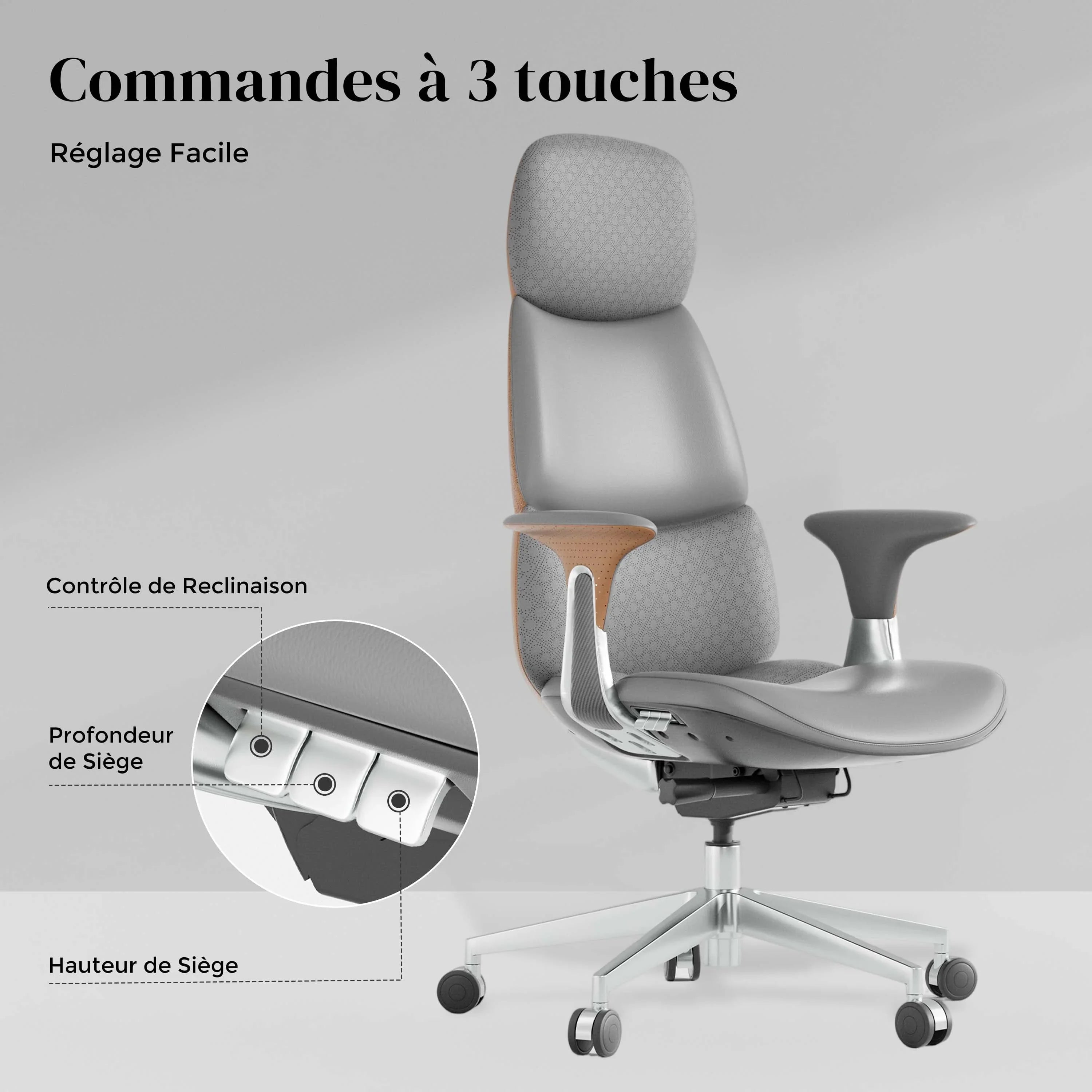 Chaise en cuir gris, commandes de réglage, profondeur d’assise et accoudoirs
