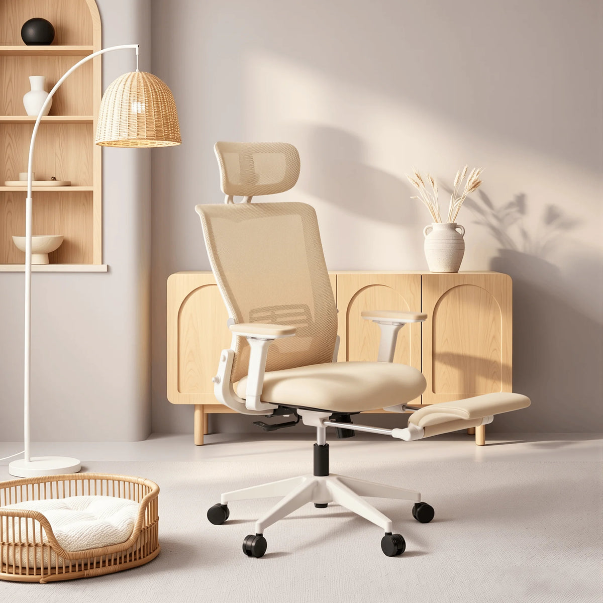 Chaise de bureau ergonomique beige clair, dossier haut avec appui-tête, roulettes