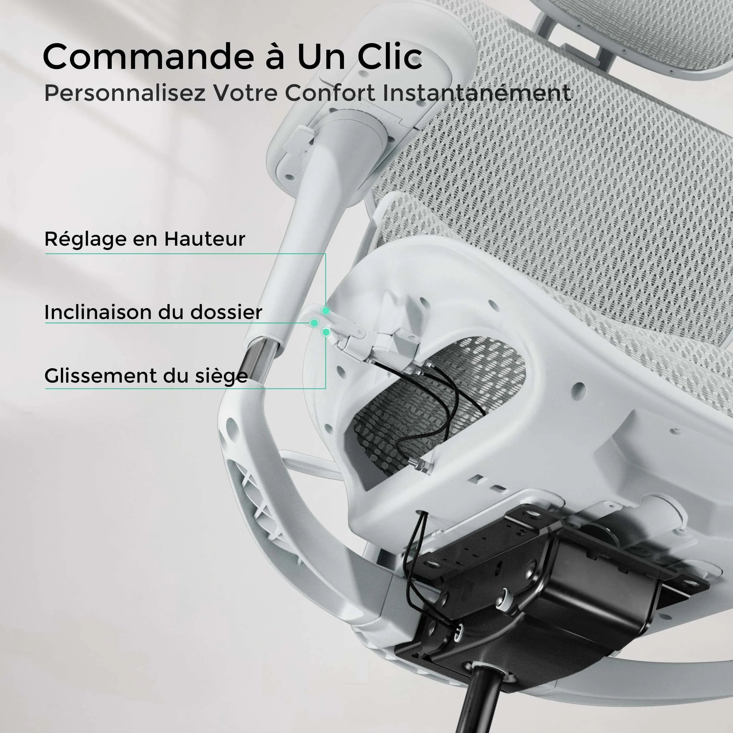 Chaise de bureau ergonomique, vue rapprochée : commande et réglages du dossier et du siège