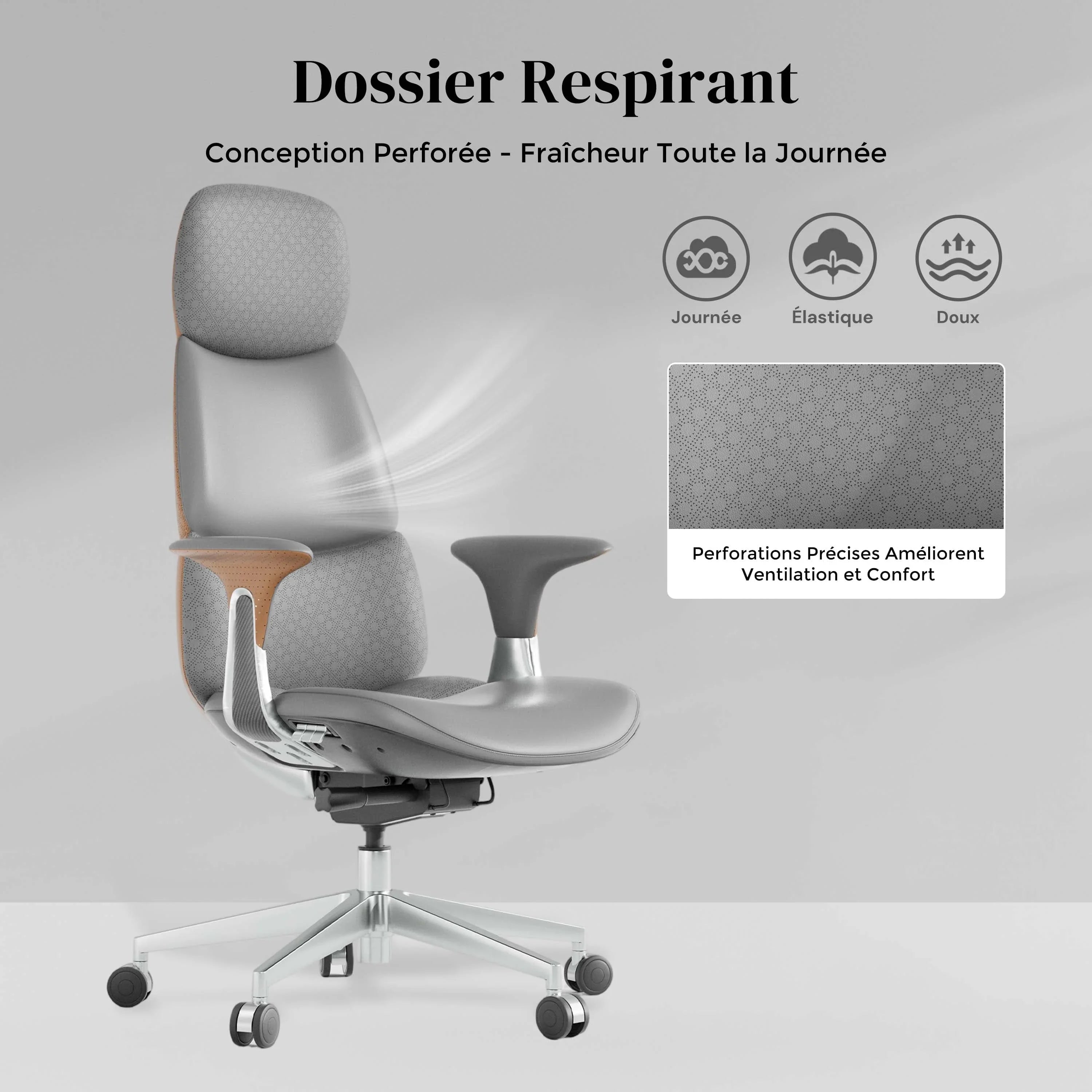 Chaise en cuir gris perforé, dossier respirant, base étoile chromée et accoudoirs