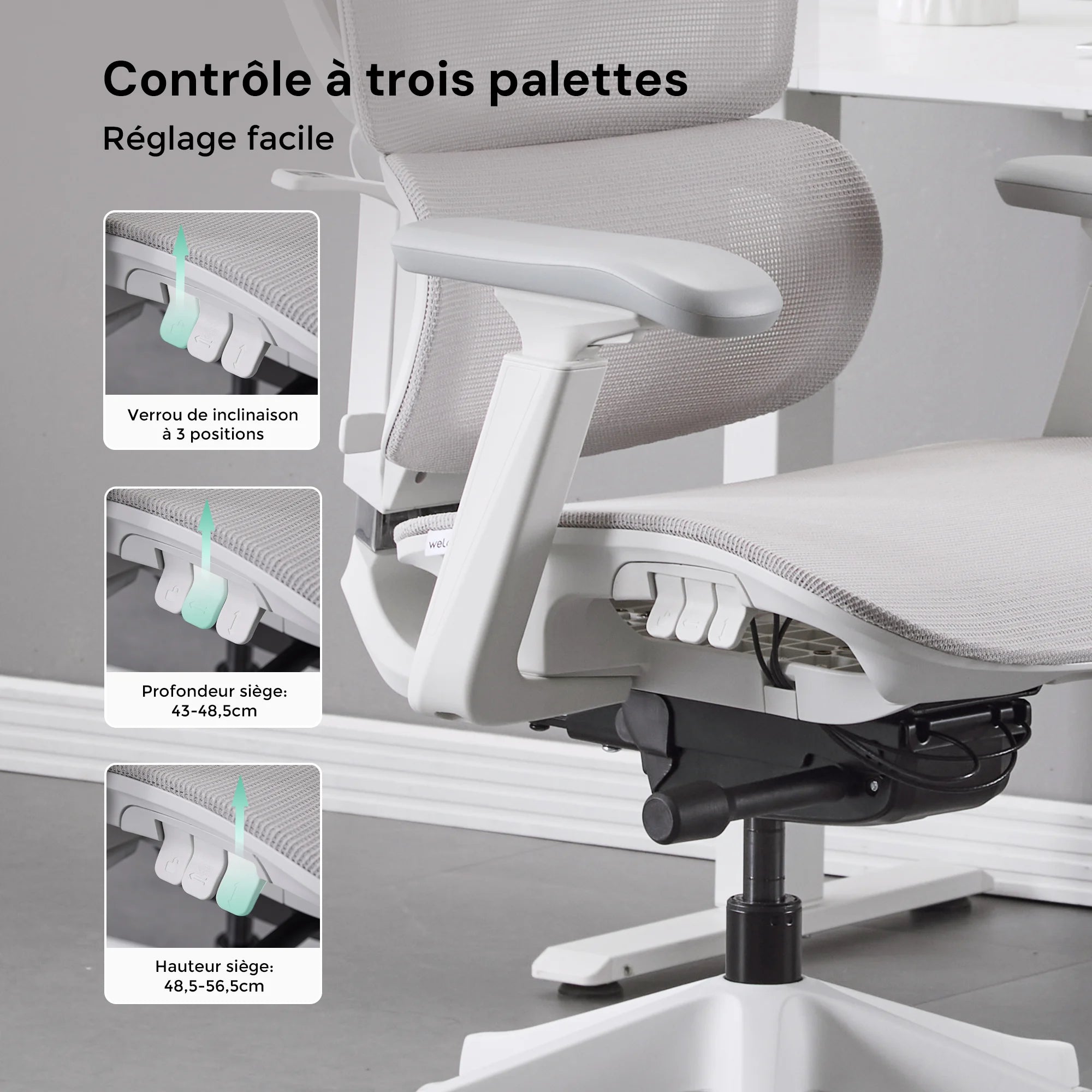 Chaise de bureau blanche avec réglage facile à trois palettes