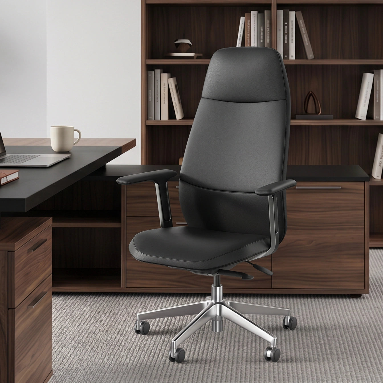 Chaise de bureau en cuir noir, dossier haut, accoudoirs et base métal à 5 roulettes.