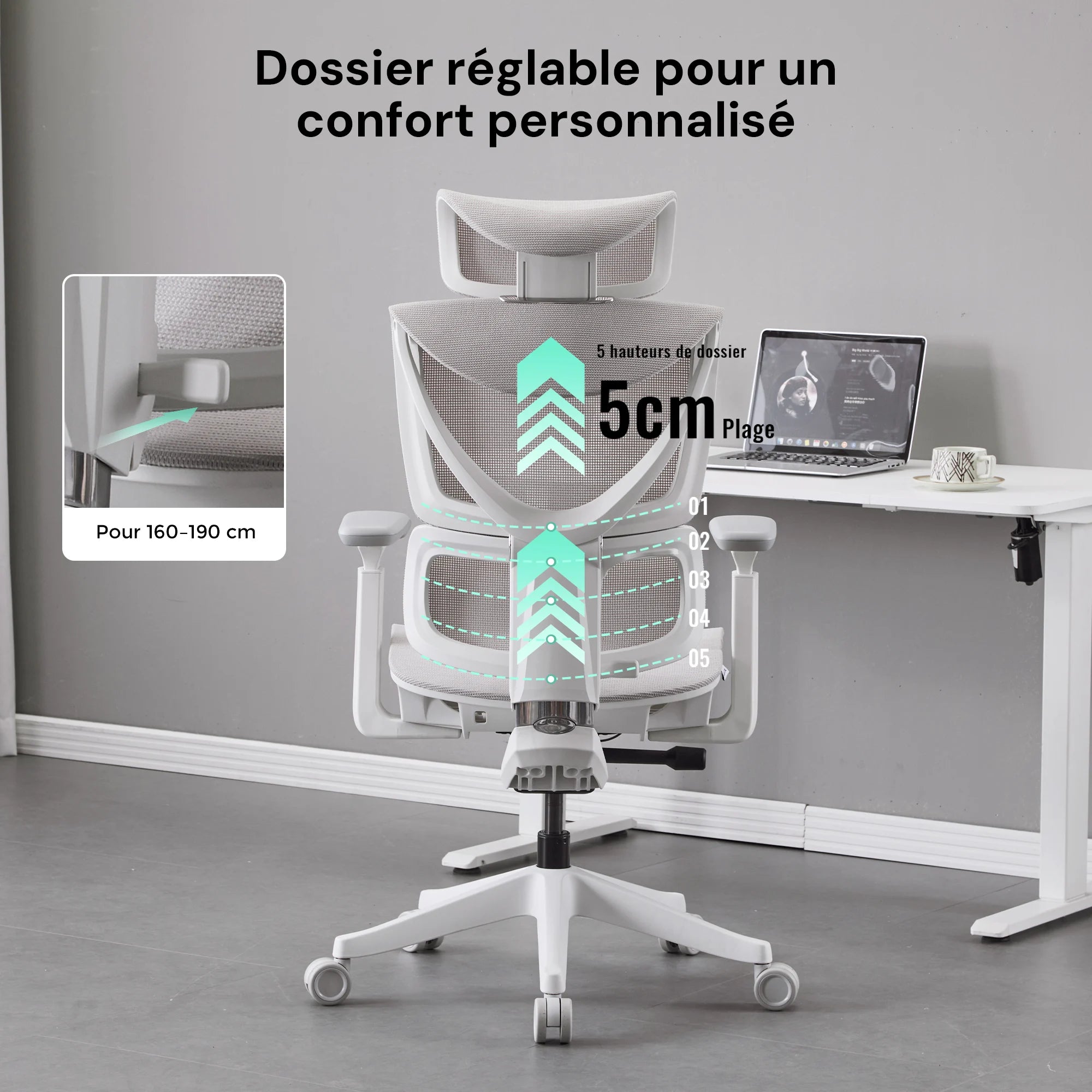 Chaise de bureau ergonomique grise à dossier réglable et appui lombaire intégré.