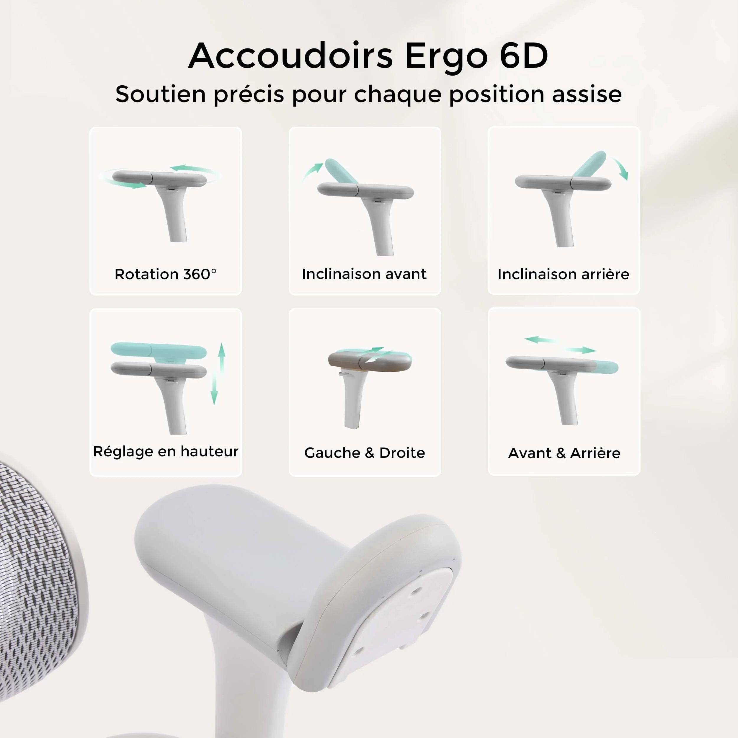 Chaise de bureau ergonomique, accoudoirs et dossier réglables dans plusieurs directions