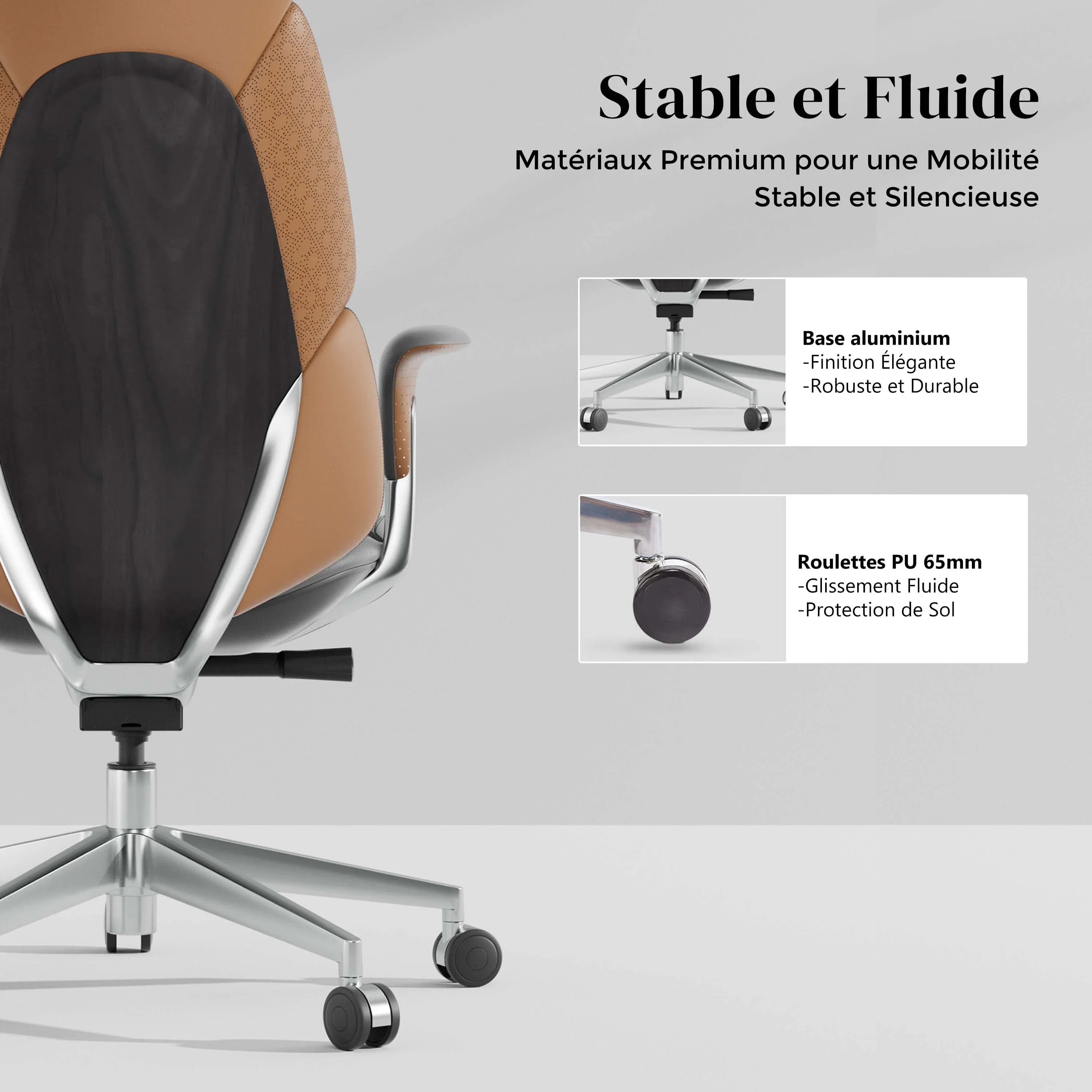 Chaise de bureau à dossier sombre, accoudoirs relevés, base métallique et roulettes.
