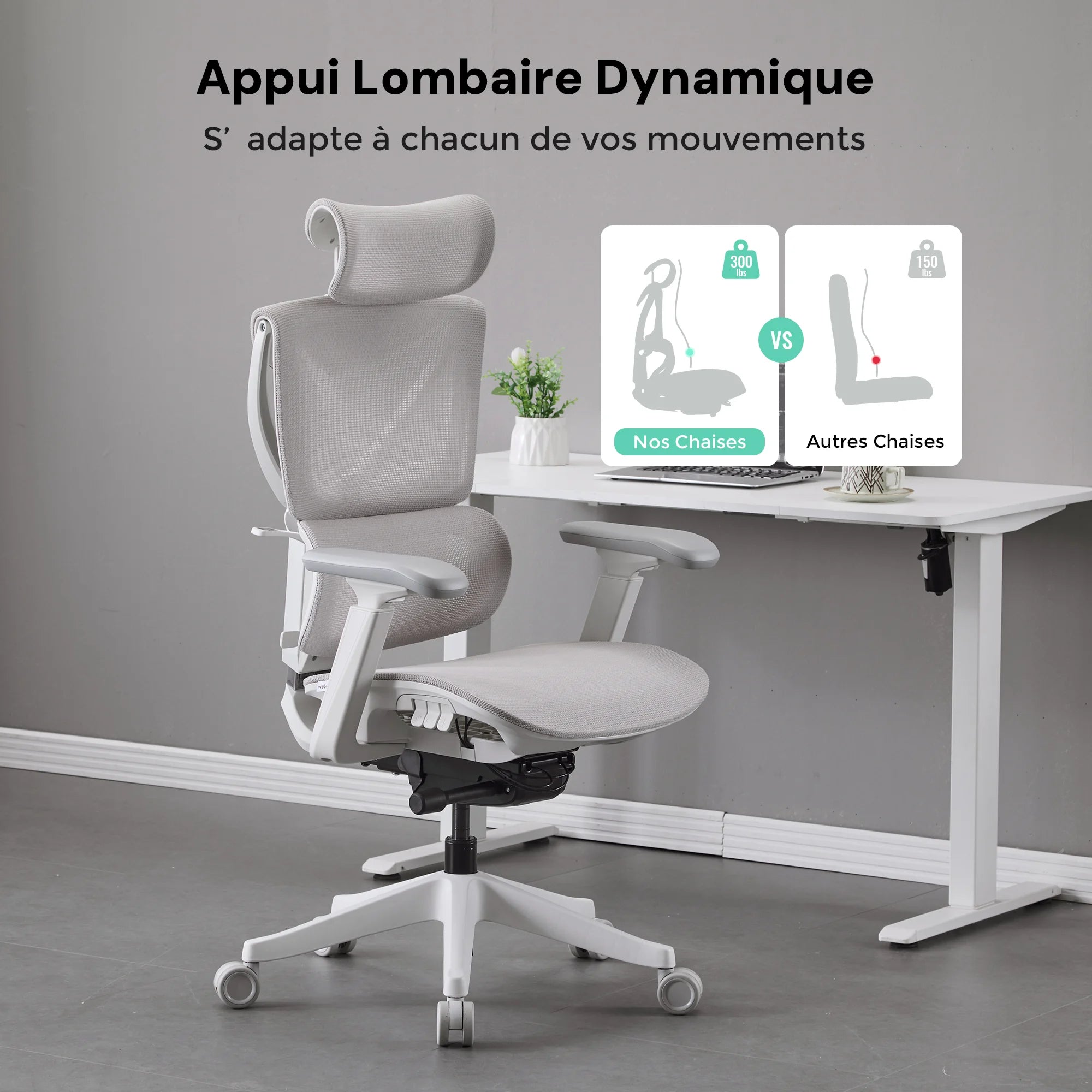 Chaise de bureau ergonomique grise à dossier haut et accoudoirs, base à roulettes.