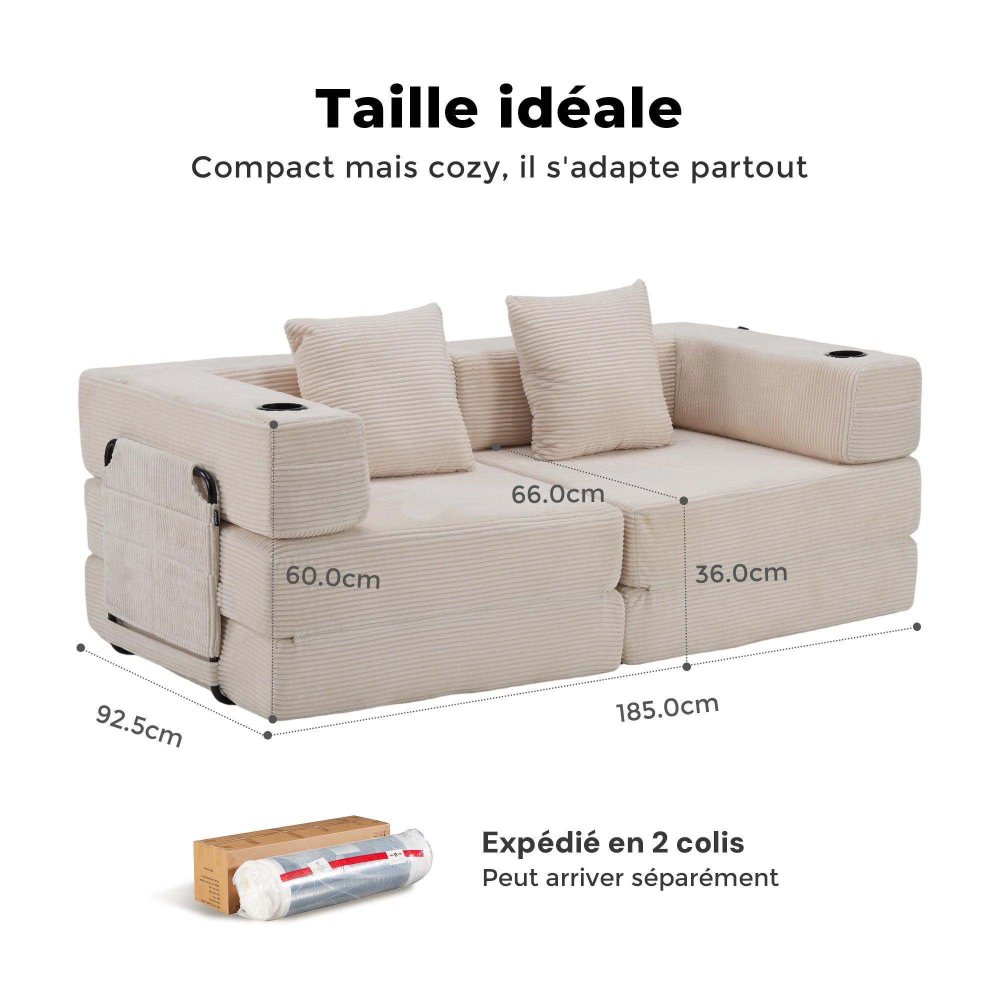 Canapé deux places beige en tissu côtelé, assise longue et coussins carrés assortis