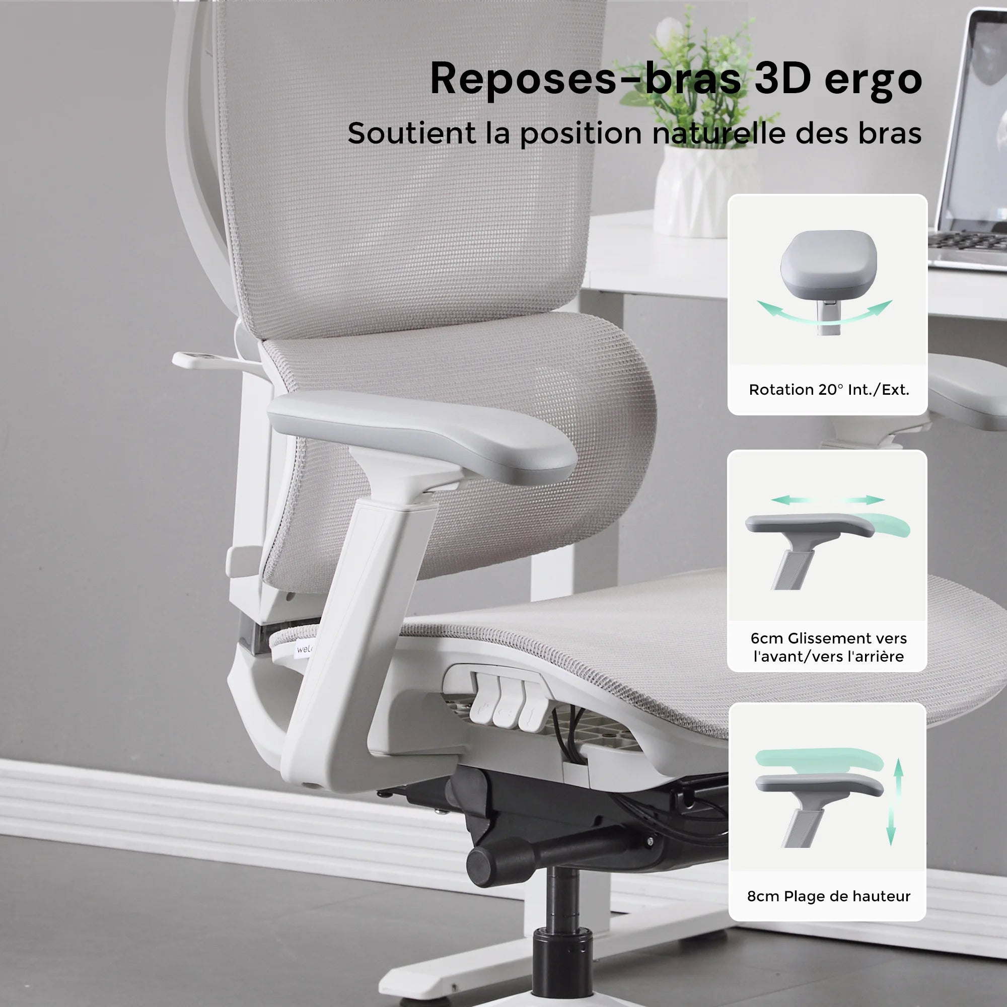 Chaise de bureau ergonomique grise avec repose-bras 3D et réglage d’inclinaison.