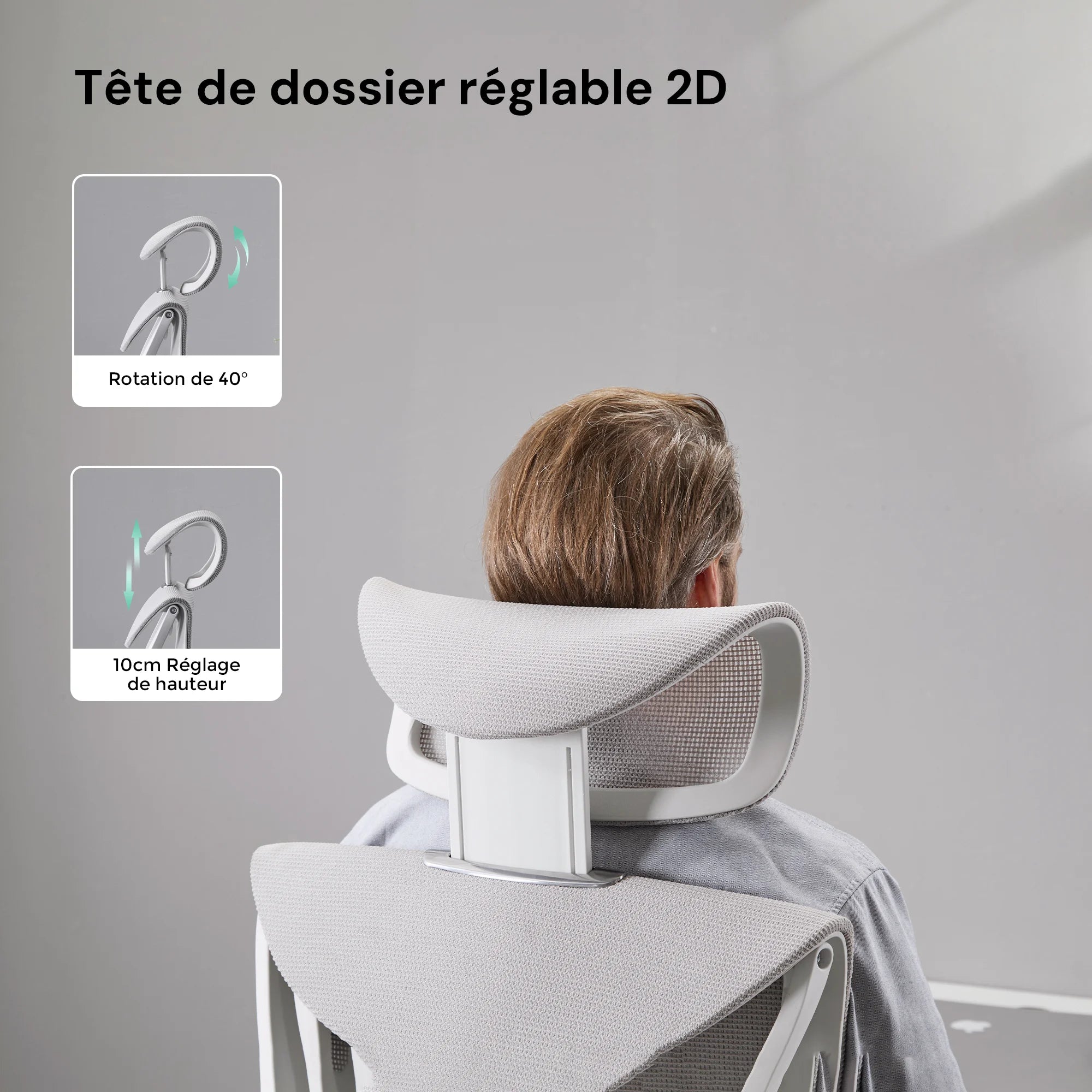 Dossier et tête de chaise de bureau blanche avec réglage 2D pour la nuque