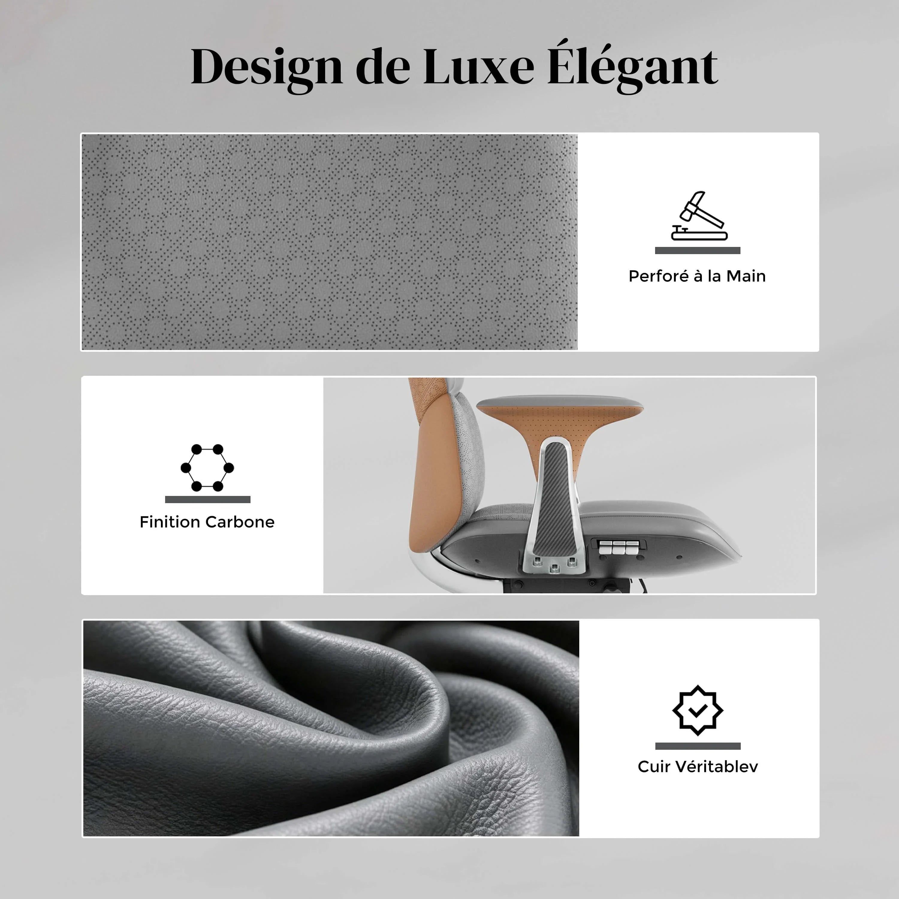 Chaise en cuir perforé gris, texture grainée sur le dossier et l’assise