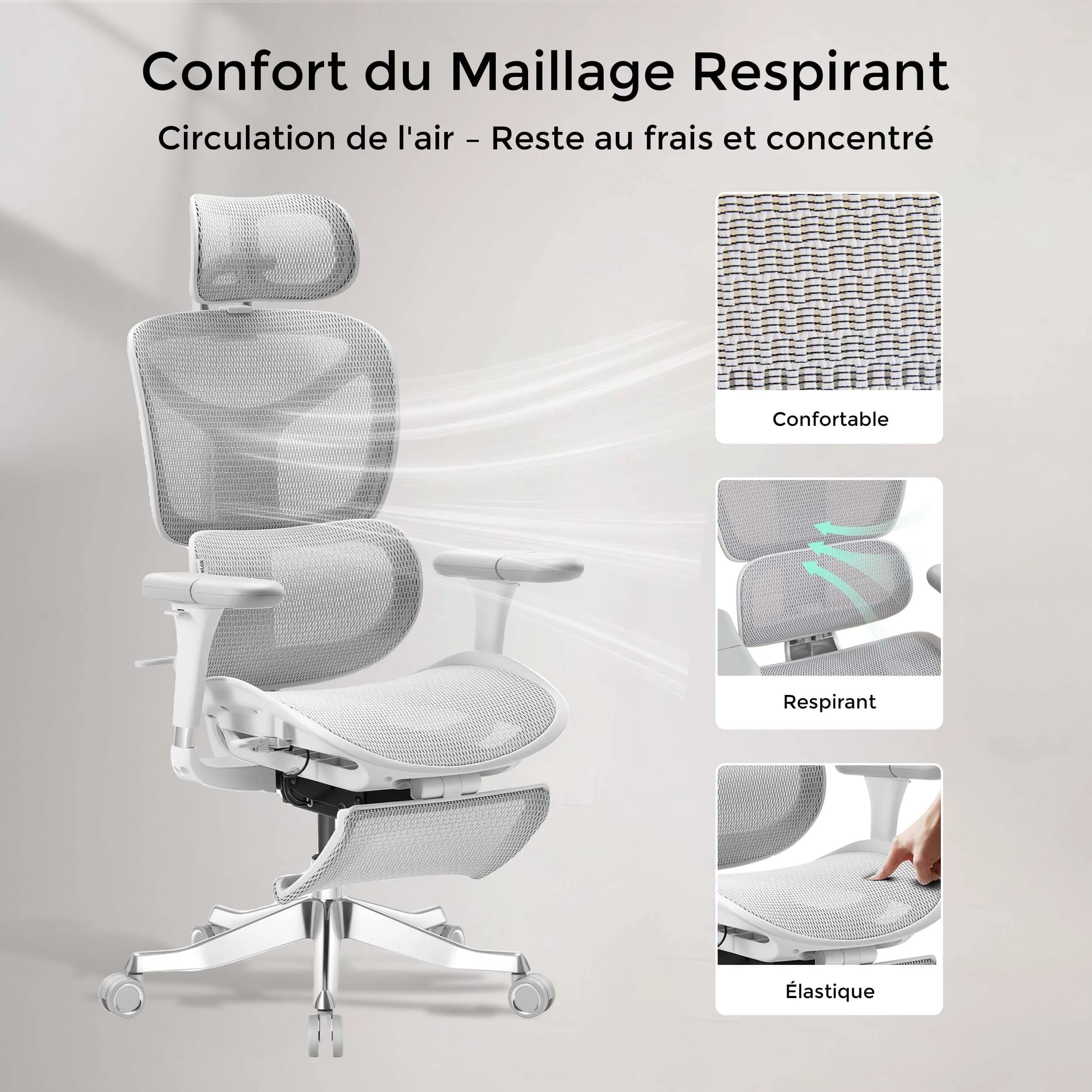 Chaise de bureau ergonomique blanche, dossier et assise en maille respirante, base à roulettes.