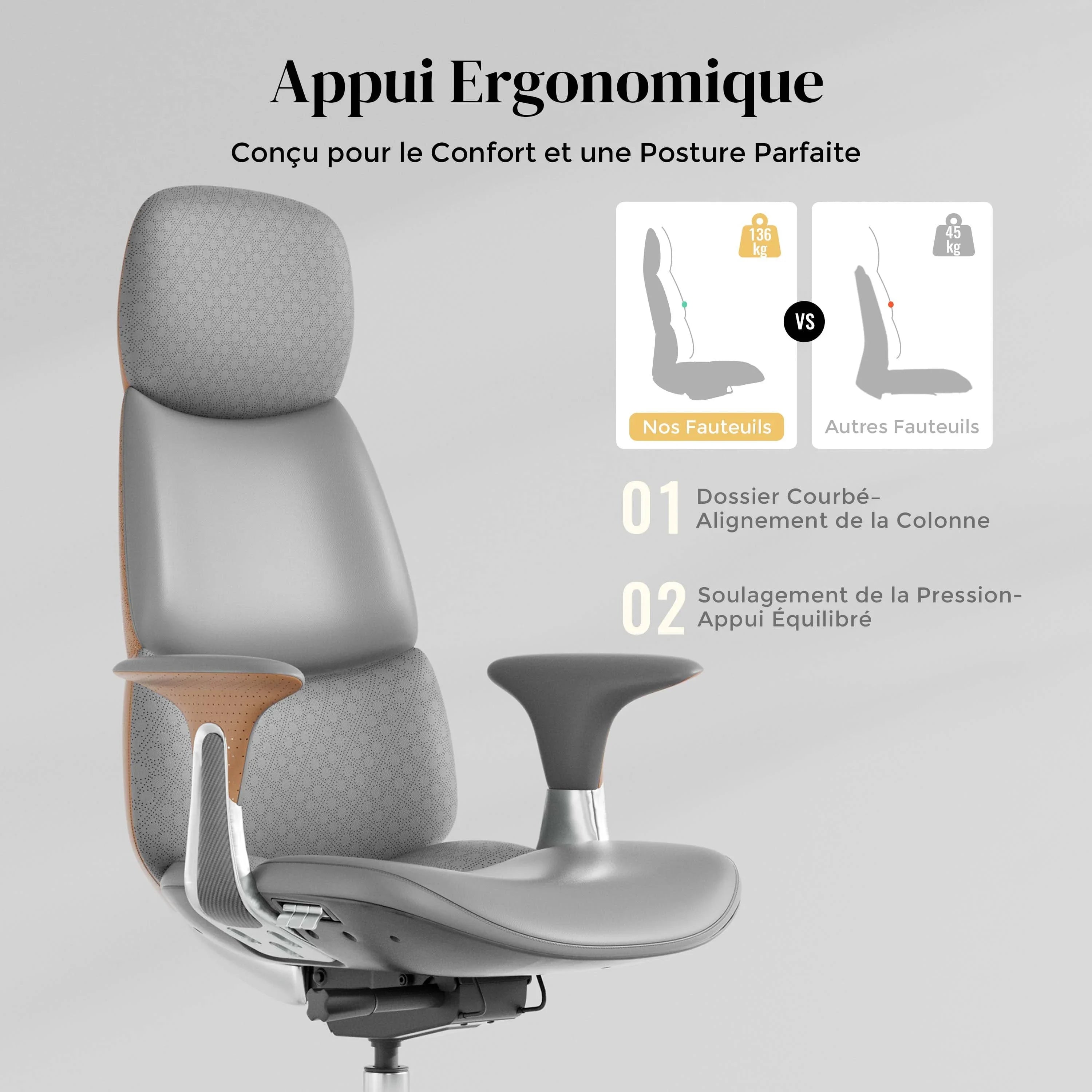 Chaise en cuir gris, dossier incurvé et appui lombaire, accoudoirs en bois