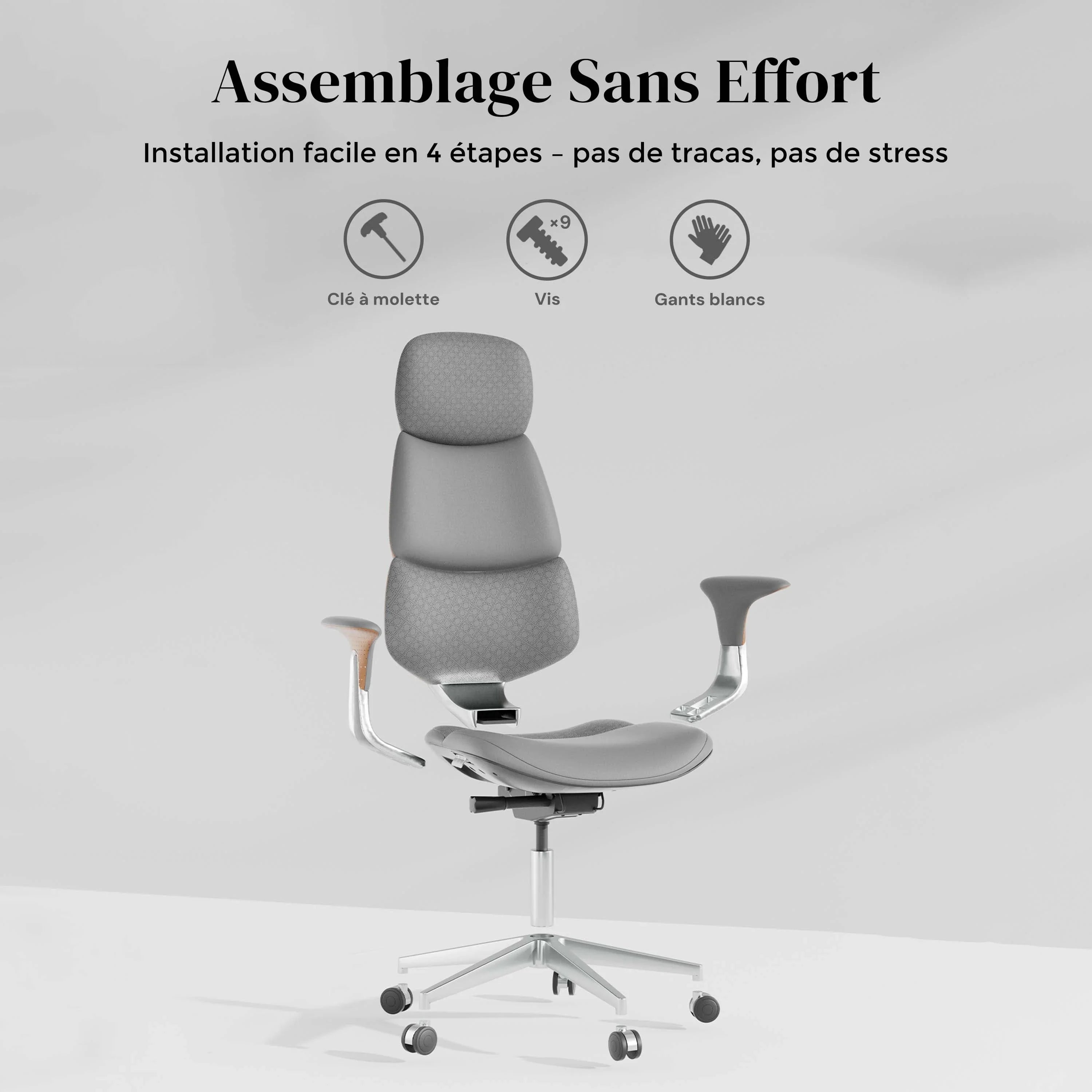 Chaise en cuir gris avec appui-tête, accoudoirs, levier de réglage sous l’assise