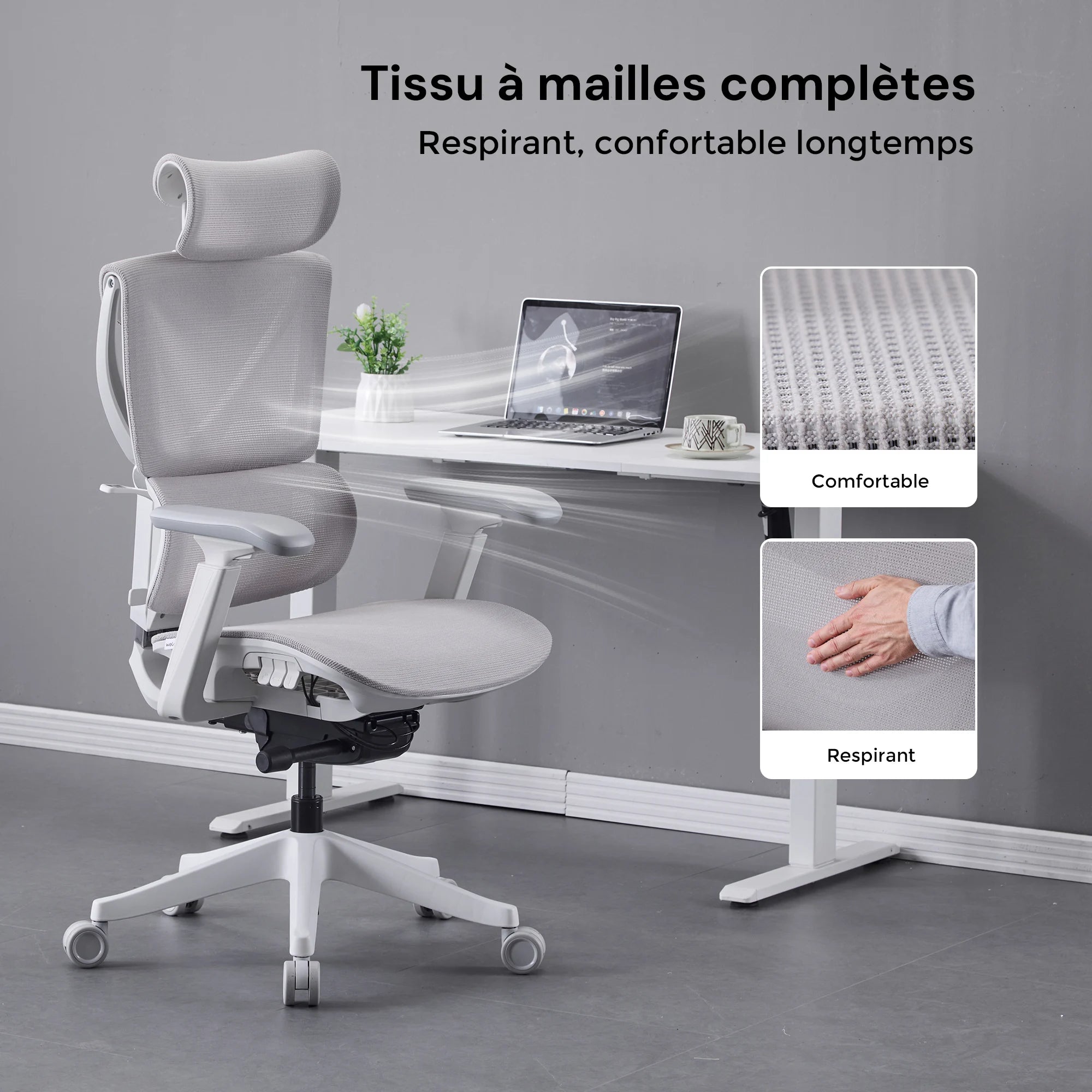 Chaise de bureau ergonomique grise avec dossier en maille respirante et assise confortable.