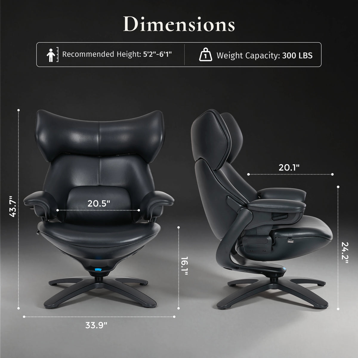 Fauteuil noir avec dimensions, appui-tête et repose-pieds, base pivotante