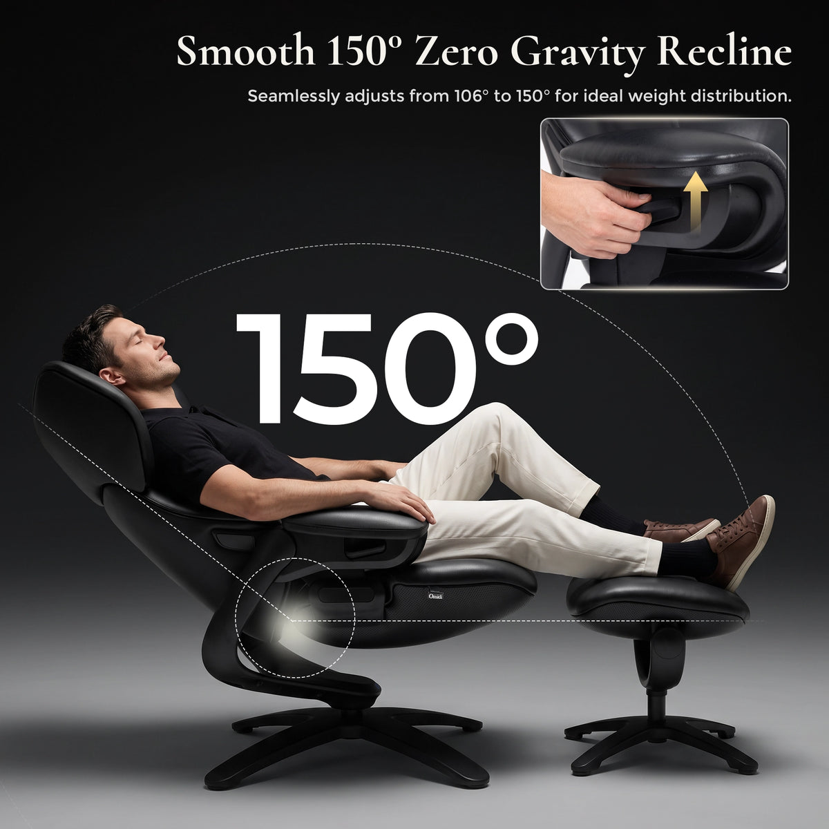 Fauteuil de détente noir incliné avec repose-pieds, appui-tête rembourré