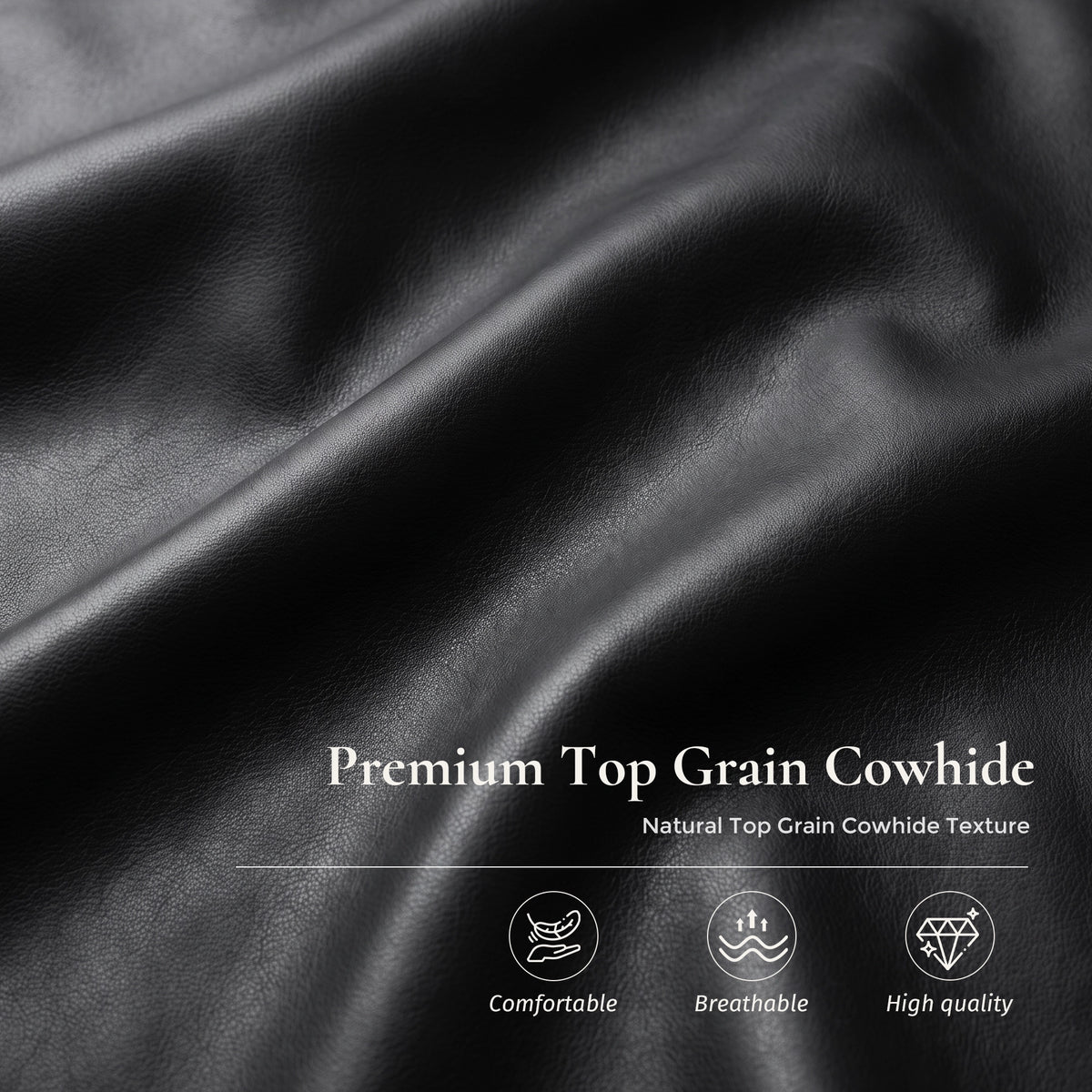 Détail du revêtement en cuir noir grainé du fauteuil