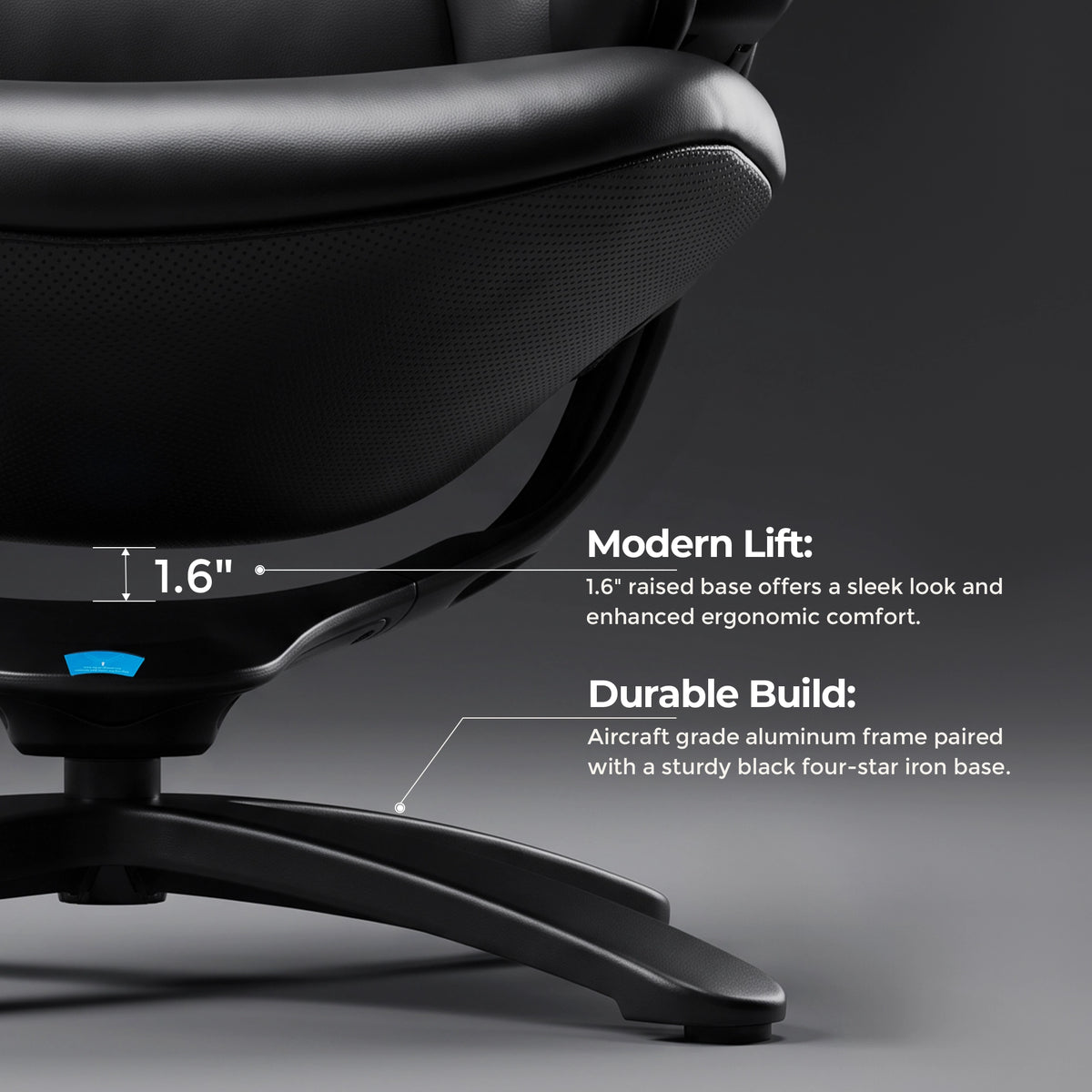 Accoudoir et base du fauteuil noir de détente avec repose-pieds, détail de l’assise