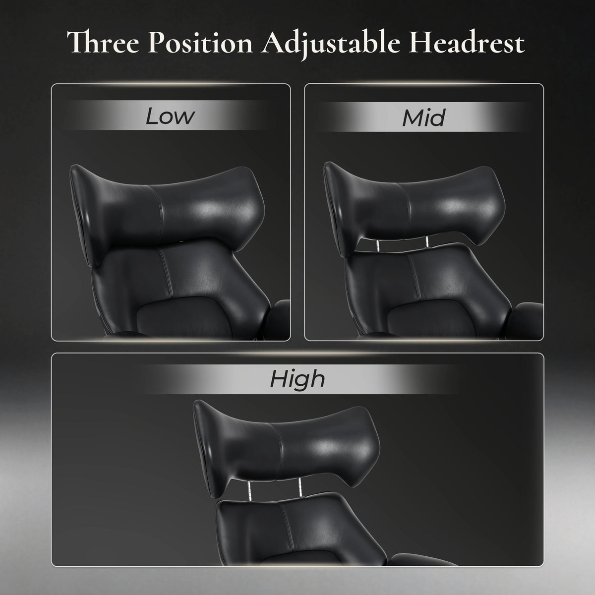 Fauteuil noir avec appui-tête réglable en trois positions, repose-pieds inclus