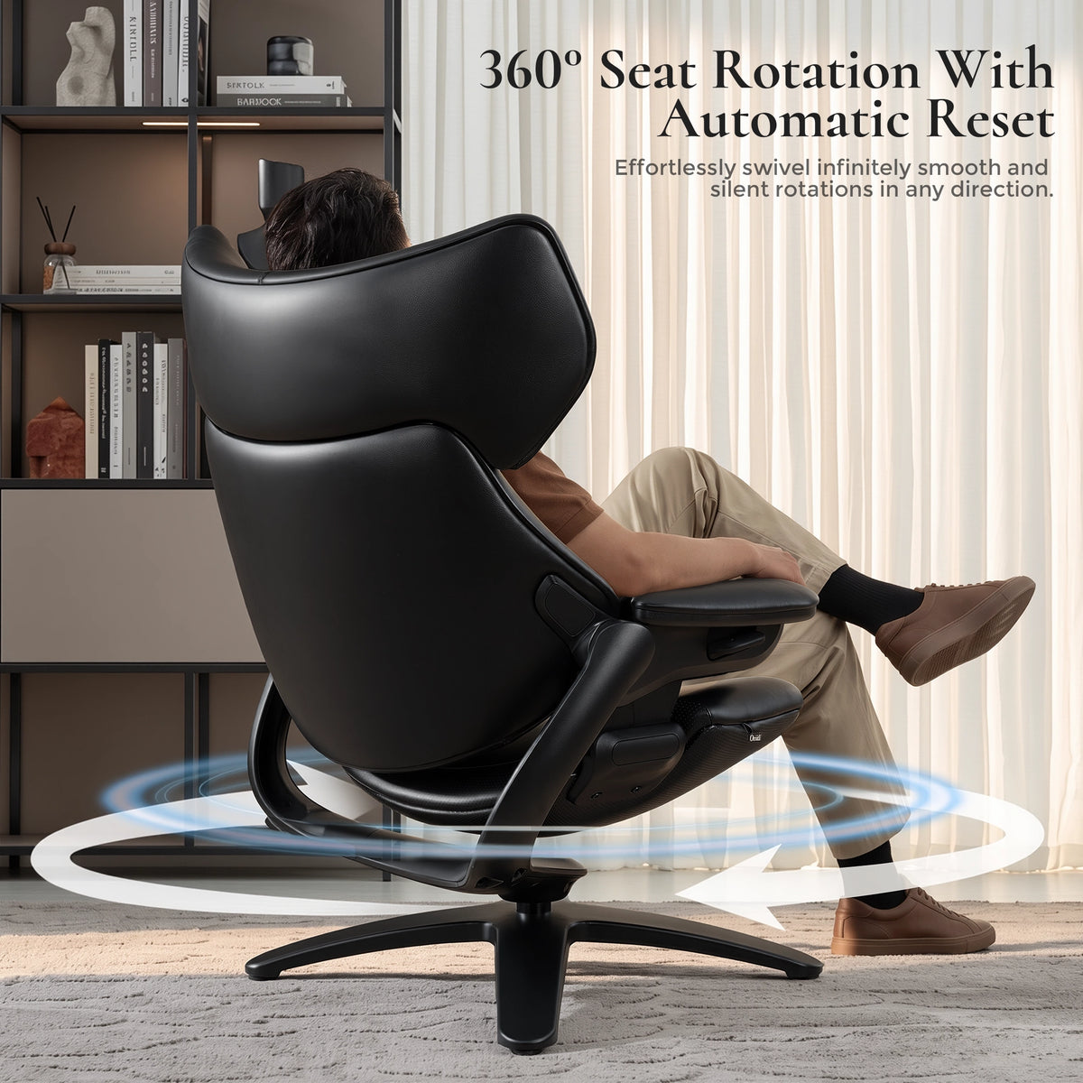 Fauteuil noir avec repose-pieds, rotation 360° et appui-tête rembourré