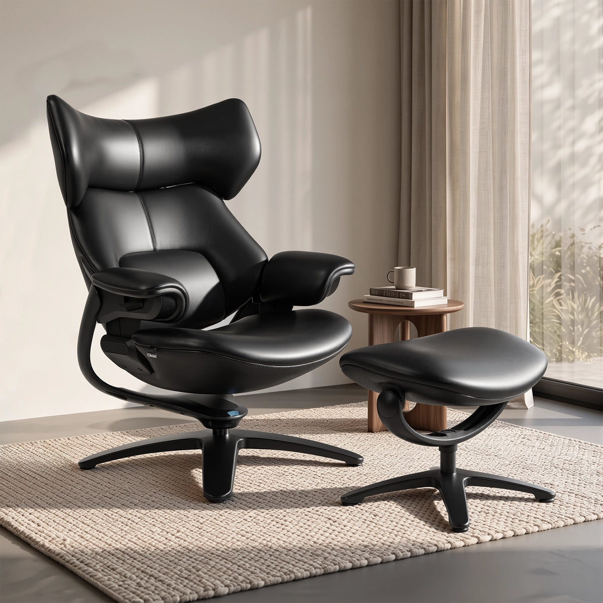 Fauteuil noir de détente avec repose-pieds, appui-tête rembourré et base pivotante