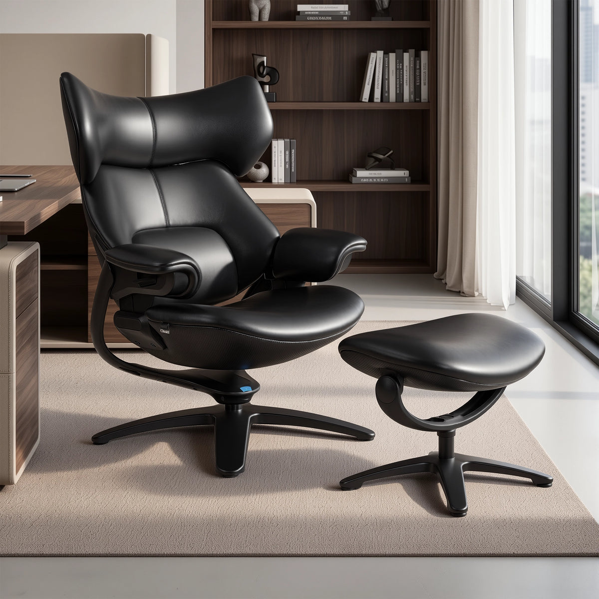 Fauteuil de détente noir avec appui-tête et repose-pieds inclus