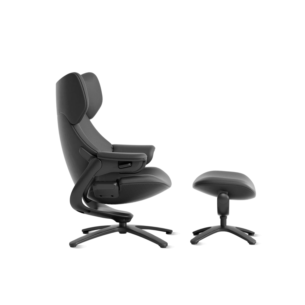 Fauteuil de détente noir avec repose-pieds, appui-tête réglable et base pivotante