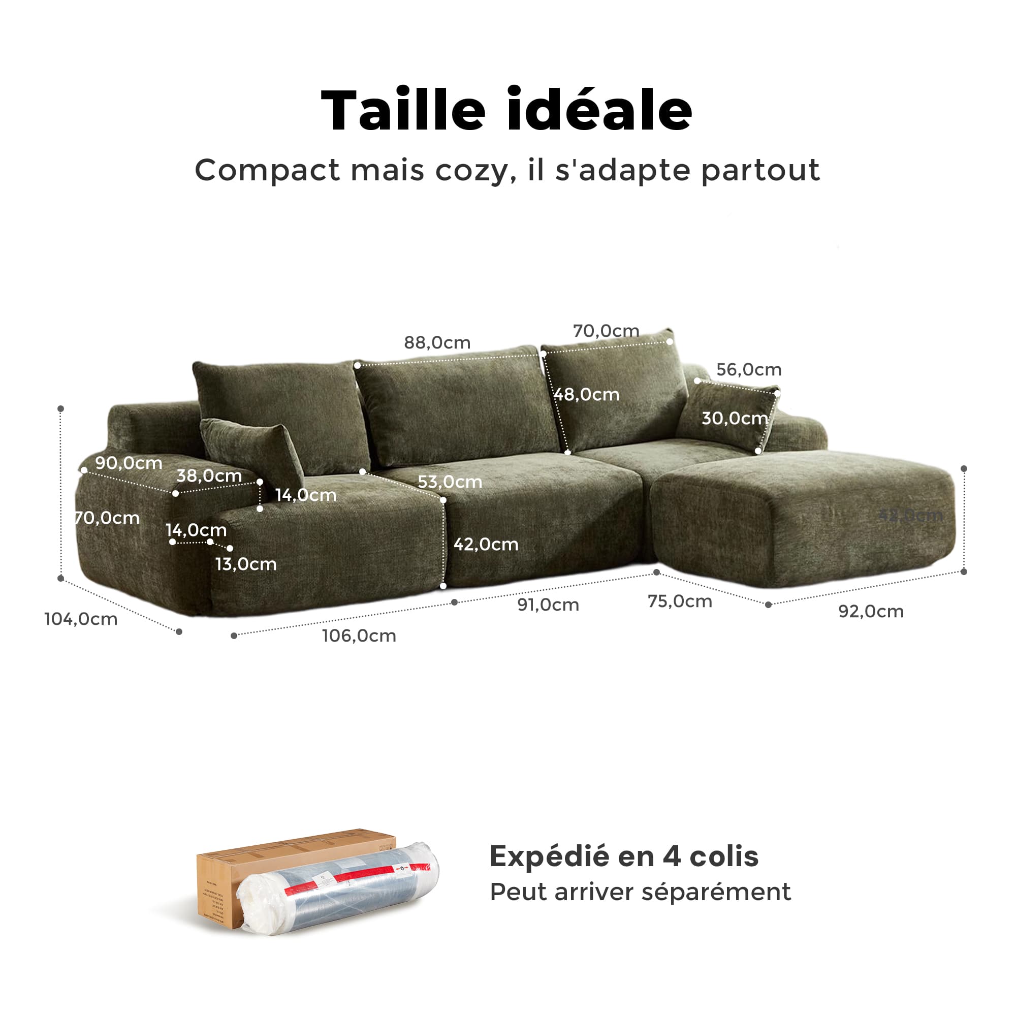 Canapé d’angle sectionnel vert foncé, sans boutons, avec méridienne et pouf intégré