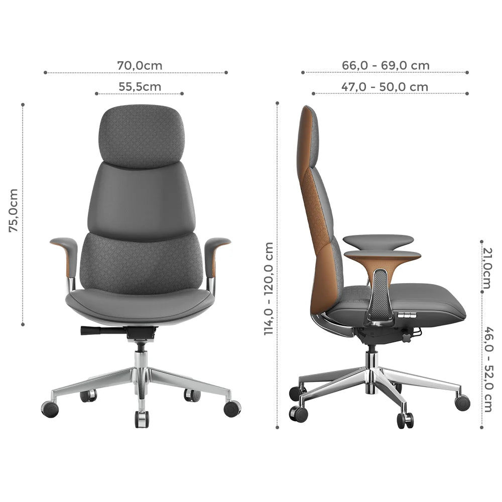 Chaise pivotante en cuir, vues face et profil avec dimensions, base étoile chromée
