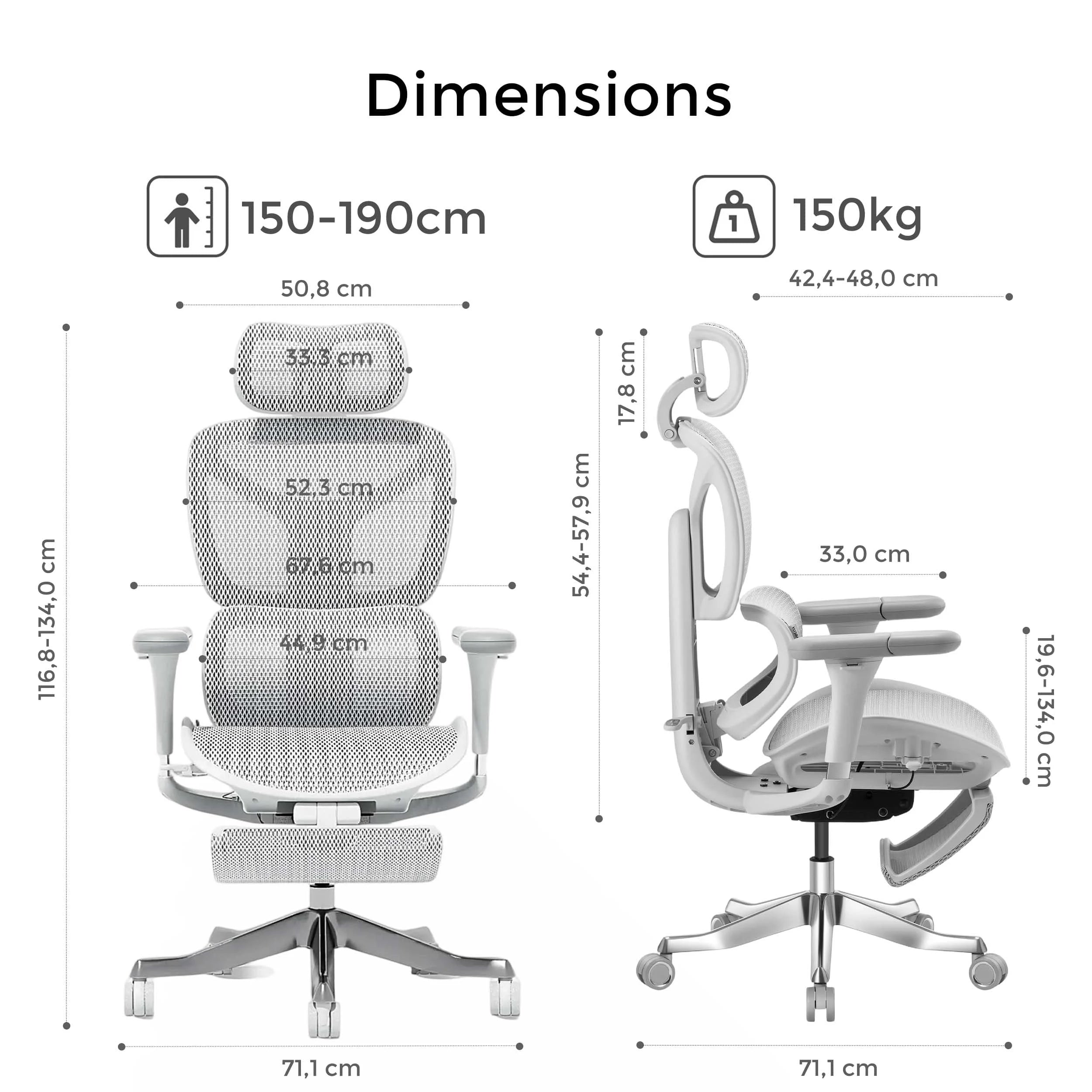Chaise de bureau ergonomique, vue face et profil : dossier en maille grise et roulettes