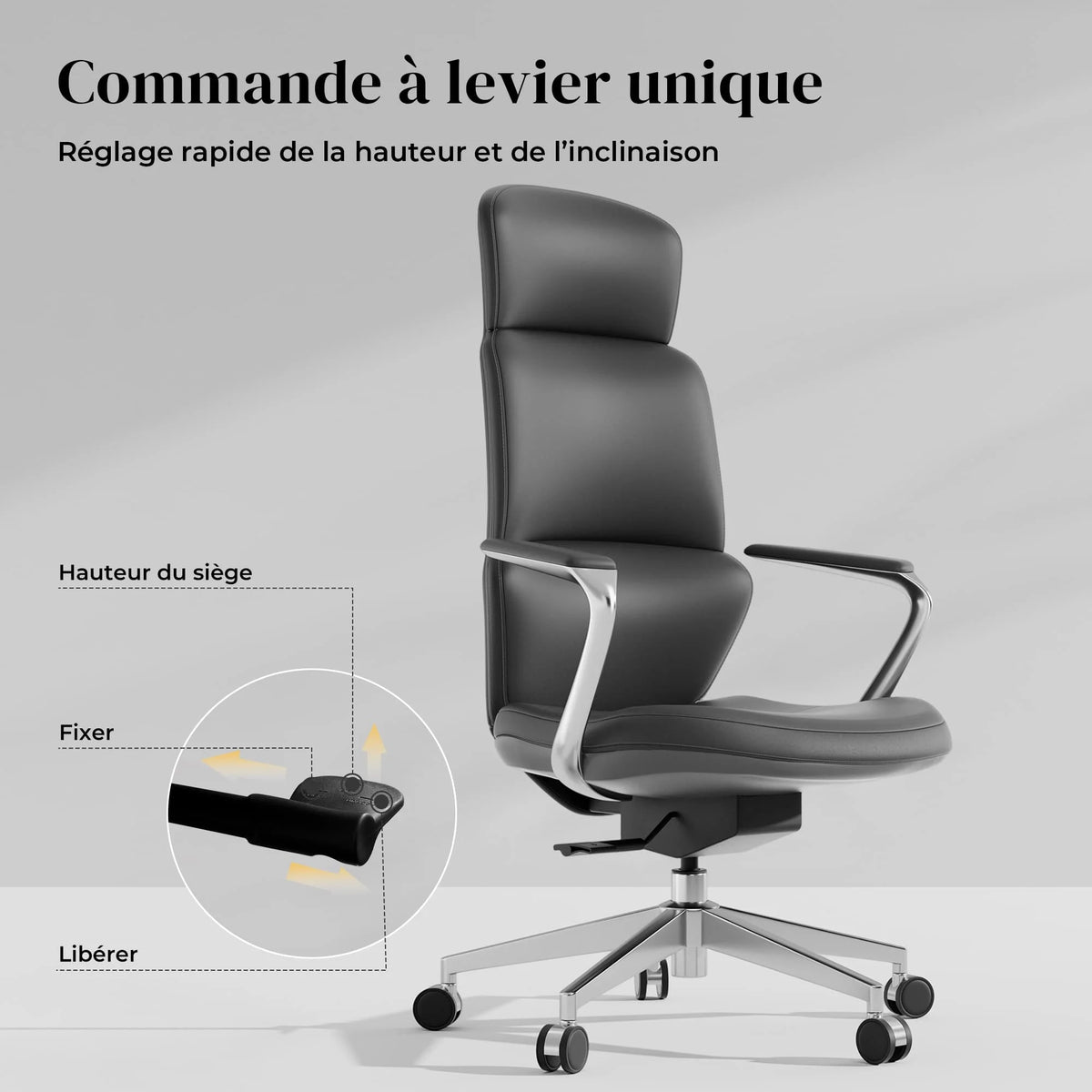 Fauteuil en cuir gris foncé, accoudoirs, base pivotante à roulettes et levier
