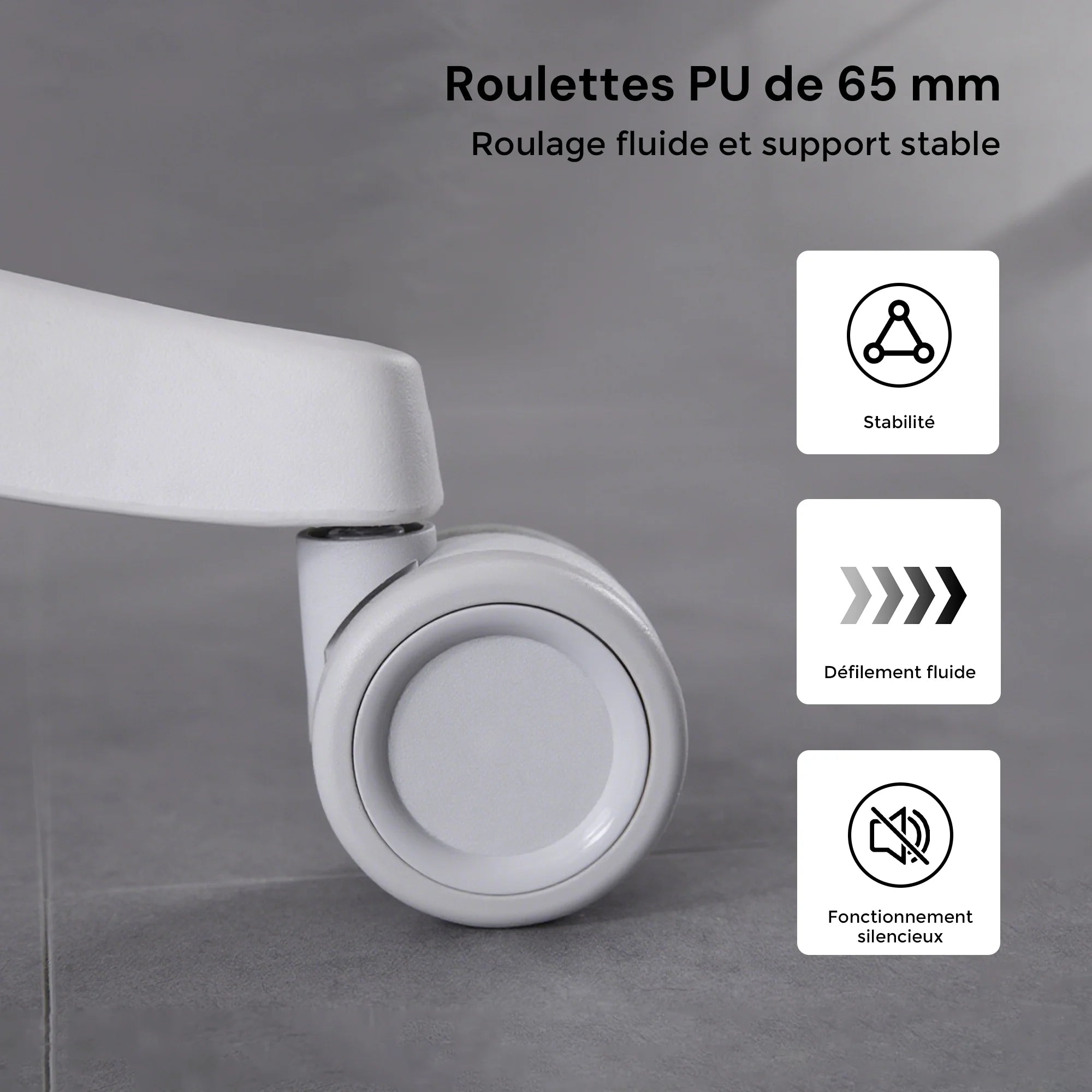 Roulettes PU blanches de chaise de bureau, support stable et freiné