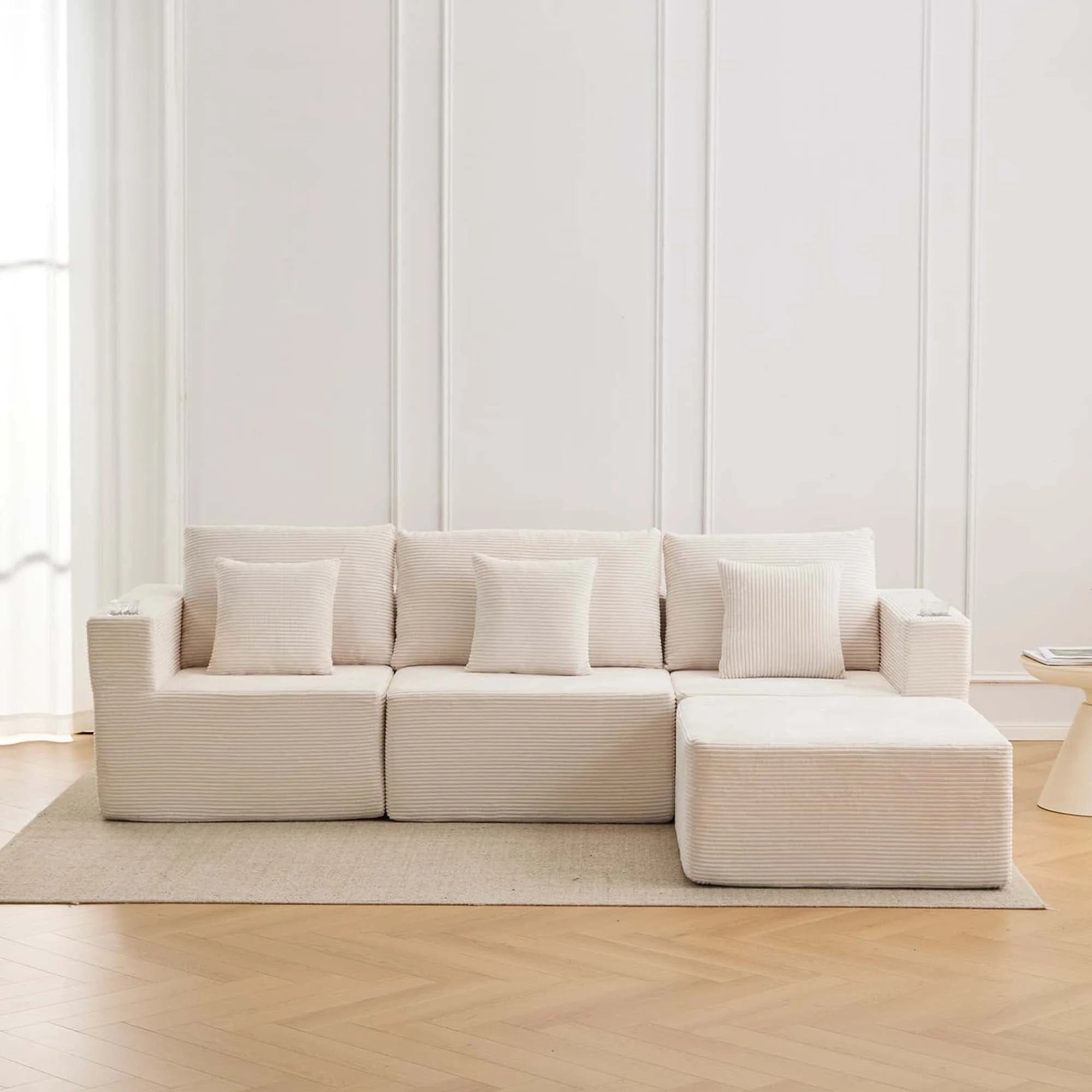 Canapé modulaire Hestia blanc en tissu côtelé, modules d’angle avec rangements
