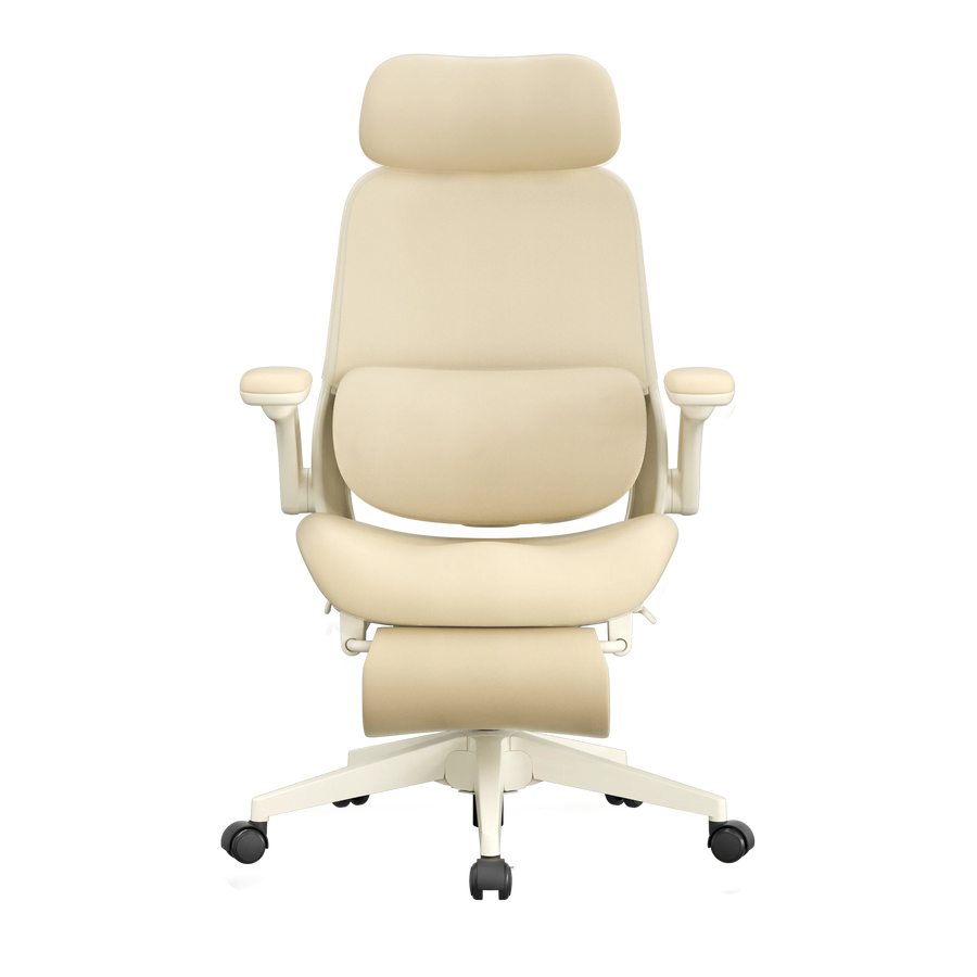 Chaise de bureau ergonomique crème vue de face, assise et dossier rembourrés, roulettes