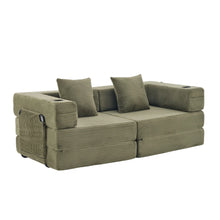Canapé modulable compressé 2 places en velours côtelé vert olive, accoudoirs rembourrés.