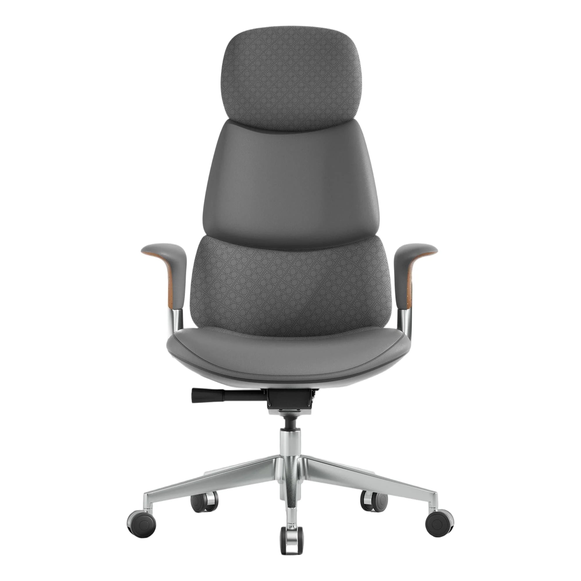 Chaise pivotante en cuir gris, dossier et assise rembourrés, base étoile chromée