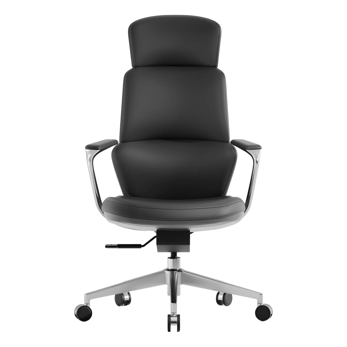 Fauteuil pivotant en cuir noir, dossier haut, accoudoirs chromés et base à roulettes