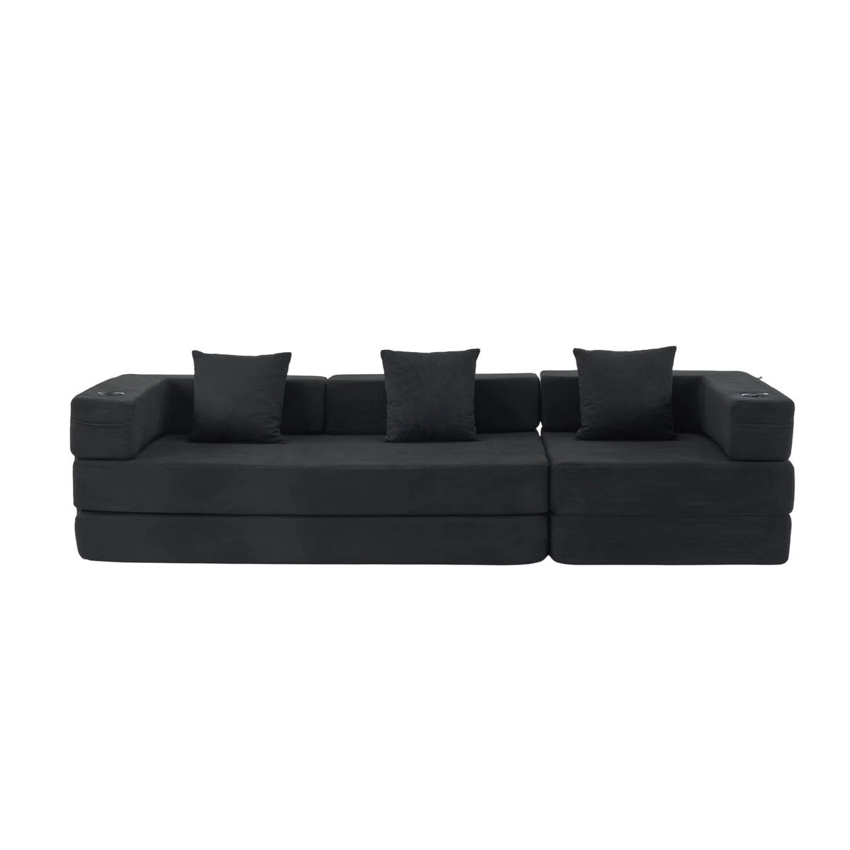 Canapé d’angle modulaire 3 places noir, assise large avec coussins décoratifs