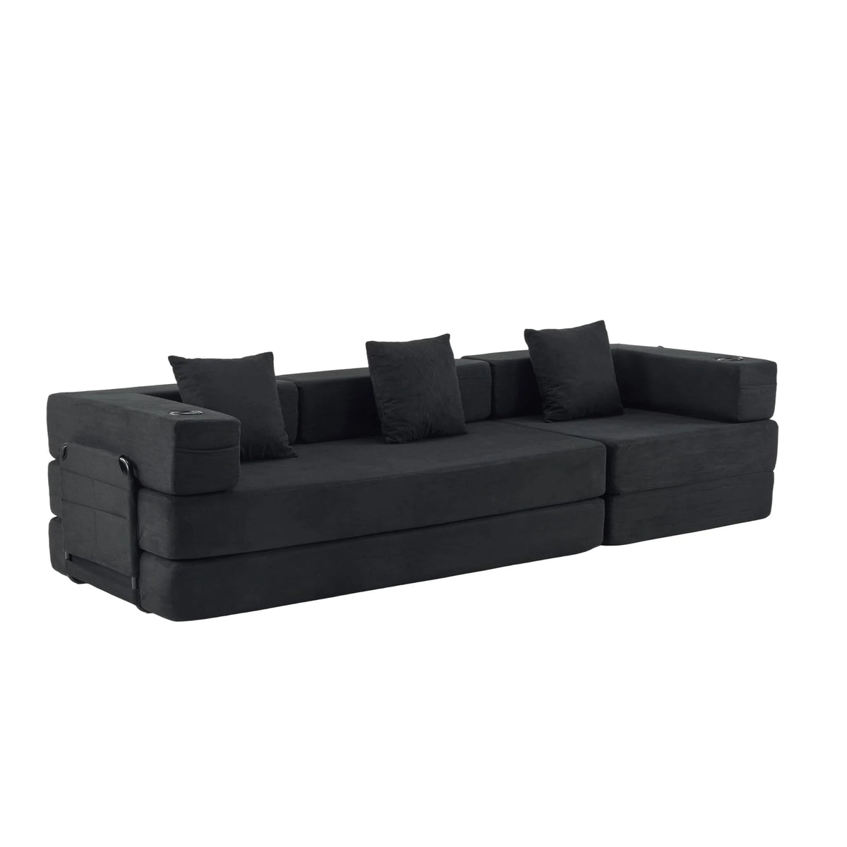 Canapé d’angle modulaire 3 places noir, dossier bas et accoudoirs rectangulaires