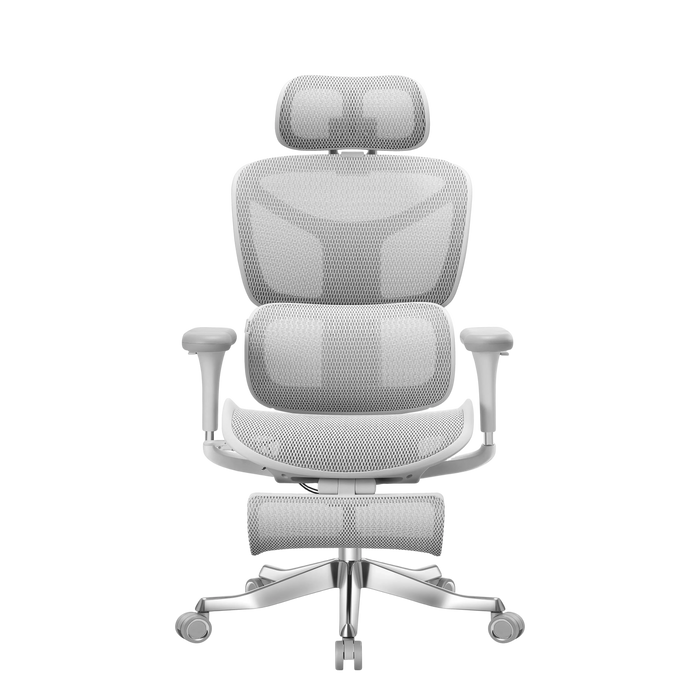 Chaise de bureau ergonomique avec dossier et assise en maille, appui-tête et base pivotante.