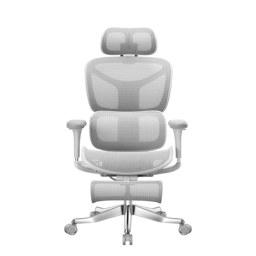 Chaise de bureau ergonomique avec dossier et assise en maille, appui-tête et base pivotante.
