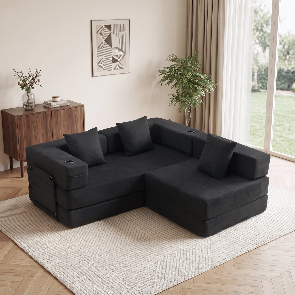 Canapé modulable 3 places en tissu foncé, assise en L avec méridienne et coussins