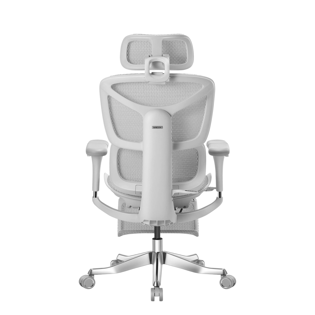 Chaise de bureau ergonomique avec dossier et appui-tête en maille, accoudoirs et roulettes.