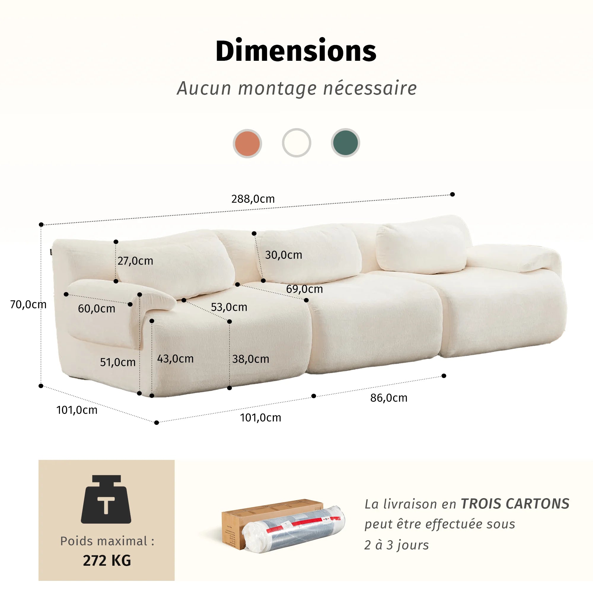 Canapé sectionnel compressé ondulé 3 places, tissu blanc, assises profondes