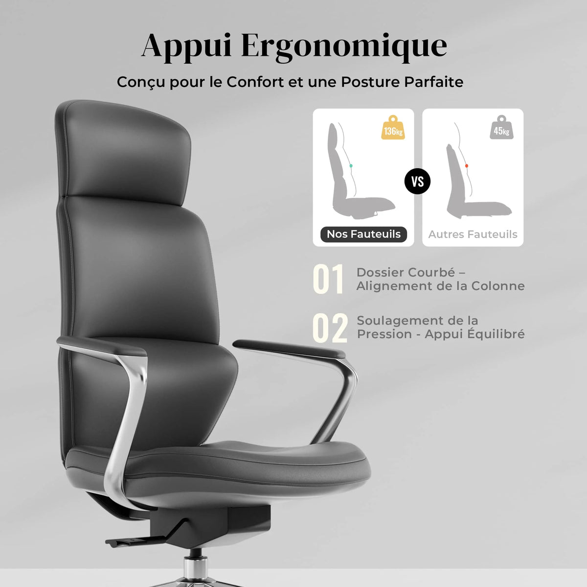Fauteuil ergonomique en cuir gris foncé, dossier haut, accoudoirs et base pivotante