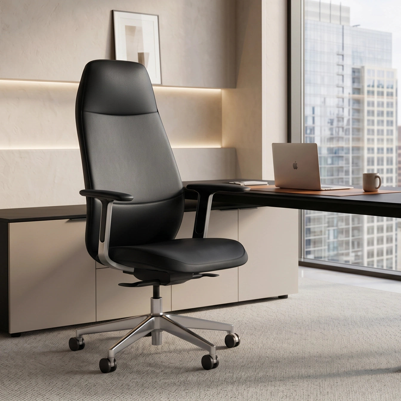 Chaise de bureau en cuir noir, vue de côté, assise rembourrée et base métal à roulettes.