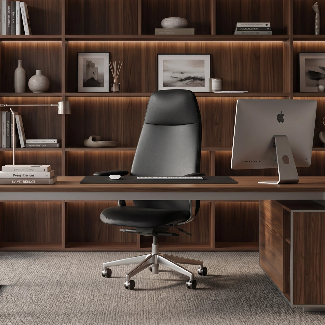 Chaise de bureau en cuir noir, vue arrière, dossier haut, base pivotante à 5 roulettes.