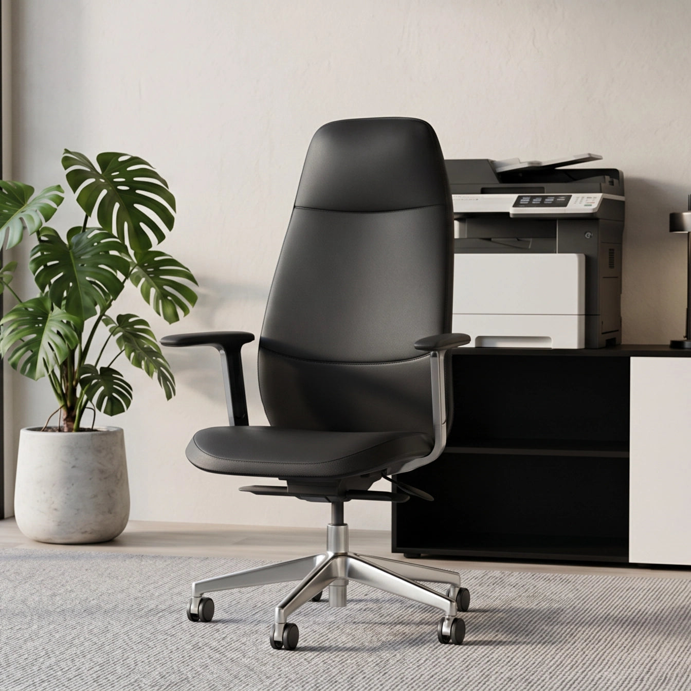 Chaise de bureau en cuir noir, vue de profil, dossier haut et accoudoirs sur roulettes.