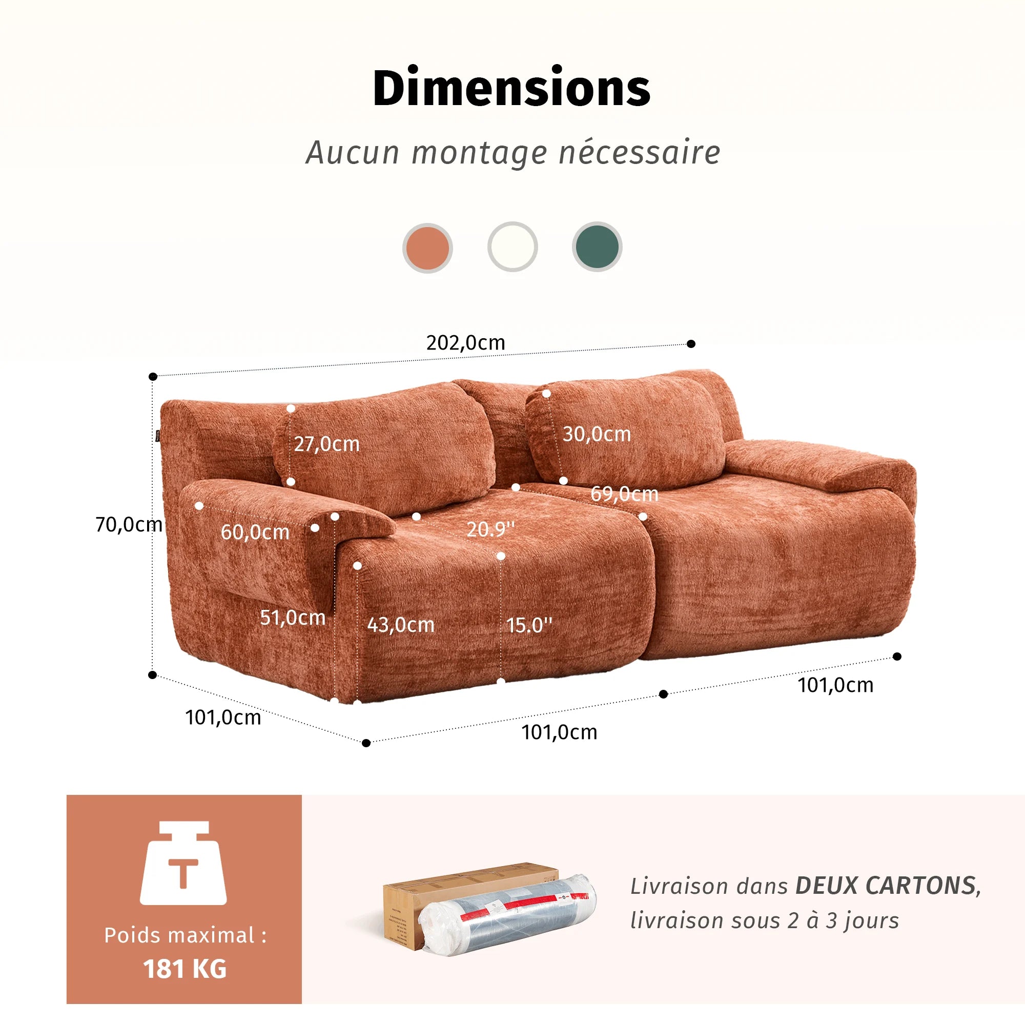 Canapé sectionnel ondulé compressé, 2 places, tissu orange