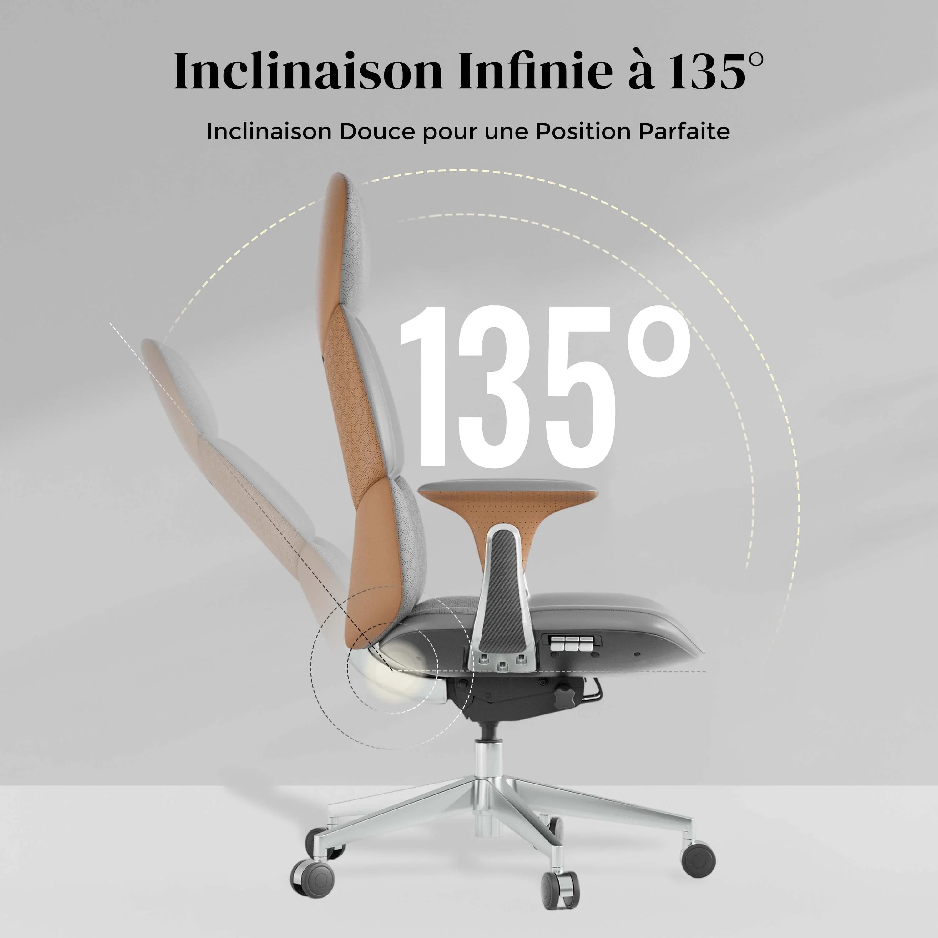 Chaise en cuir marron et gris, dossier inclinable, base étoile chromée et roulettes